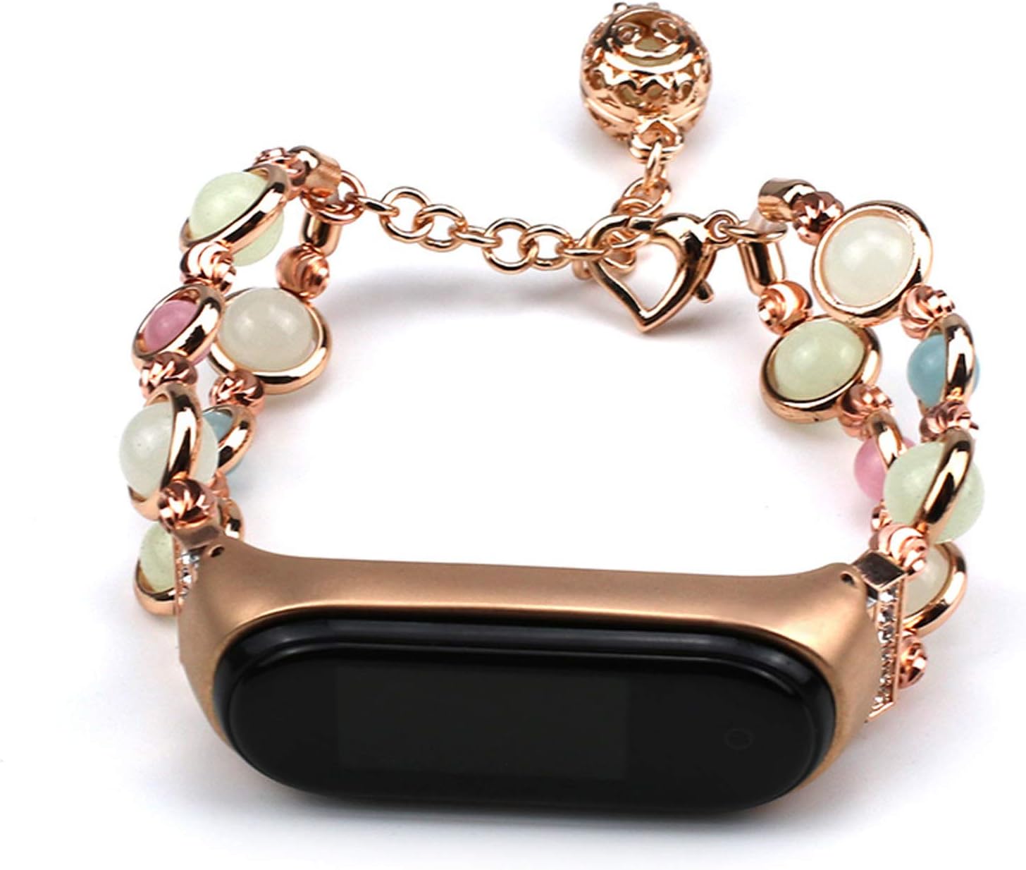 Mi Band 7 Wrist Strap Women, Handmade Luminous Pearl Replacement Band for Women Adjustable Metal Smart Watch Strap with Elastic Bead Compatible with Mi Band 7 (Rose Gold)
