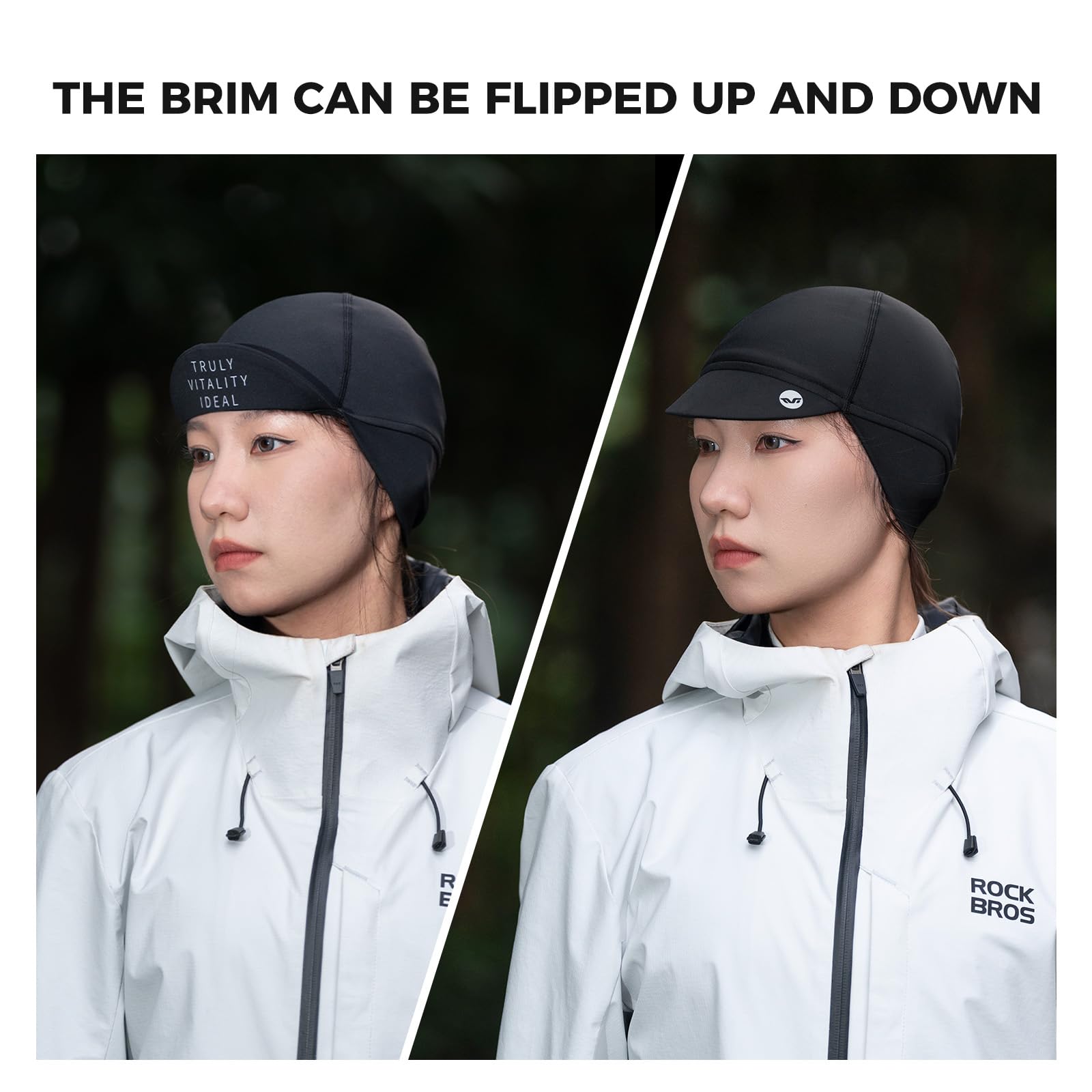 ROCKBROS TVI Berretto Sottocasco Bici Invernale, Cappellino con Visiera, Elastico Berretto Copricapo Antivento Caldo Paraorecchie, per Ciclismo Sci Moto, Nero