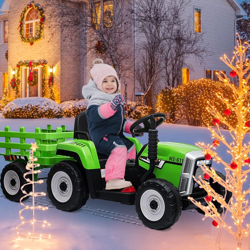 Garvee Tractor Electrico para Niños con Mando 2.4g, Remolque Desmontable,3 Velocidades Ajustable, LED, Música, Pedales, Inalámbrico,USB, Vehículo De Batería para Niños De 3 a 6 Años, Verde