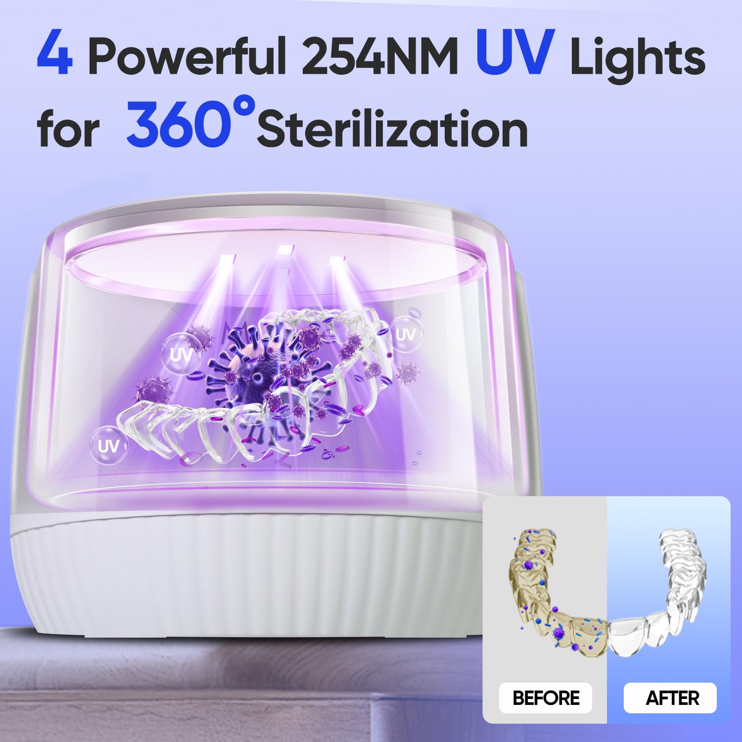 MySmile Dental Ultrasonic Retainer Cleaner Machine- 45kHz UV Denture Cleaner with 200ML Capacity for Aligner, Braces, Mouth Guard, Night Guard, Portable Dental Cleaning Pod with Digital Timer (White) - Image 3