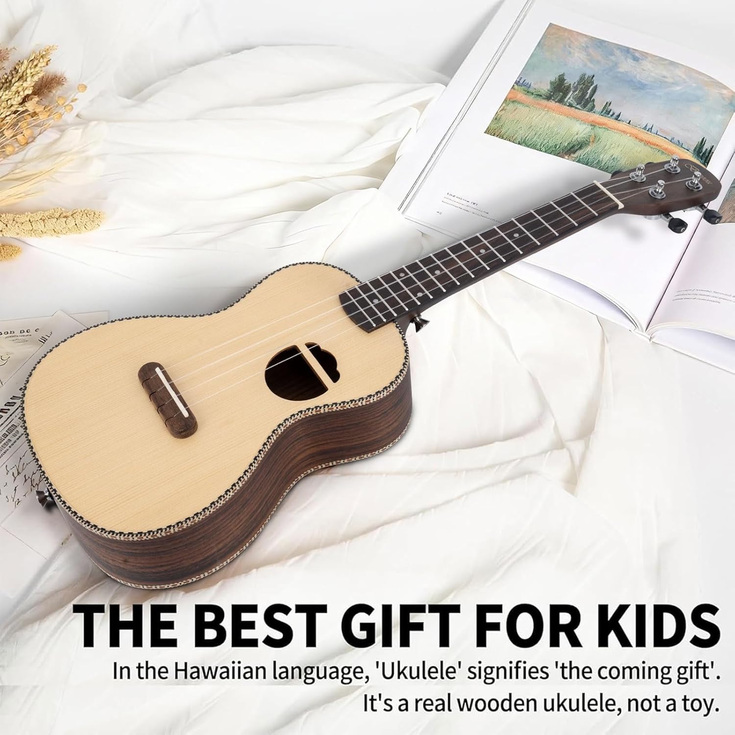 23 Inch Spruce Rosewood Concert Ukulele Beginner Kids and Adult Student Travel Wooden Ukelele Kit with Tuner Gig Bag Strap Carbon Nylon String Picks Cloth Gift Choice