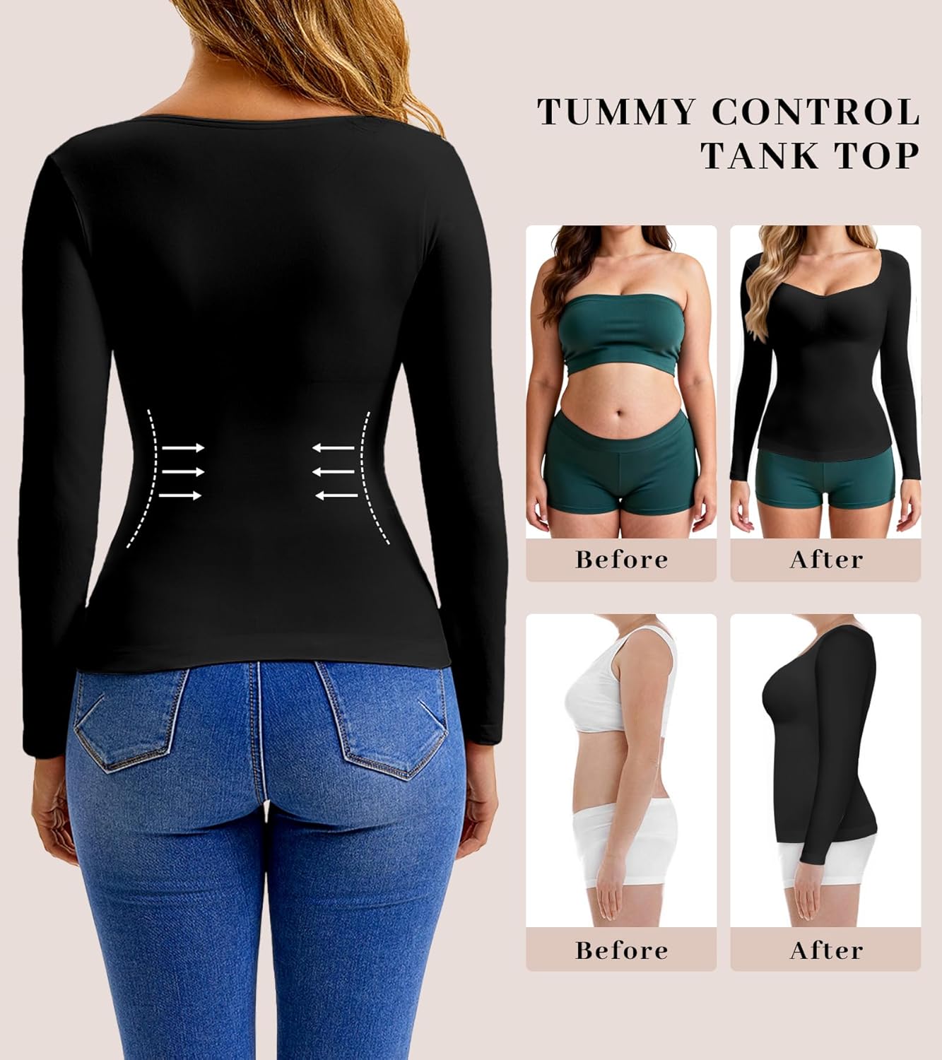 Tummy Control Shaperwear Tank Top for Women Long Sleeve Square V Neck Shirts Compression Tops Slimming Body Shaper - Image 5