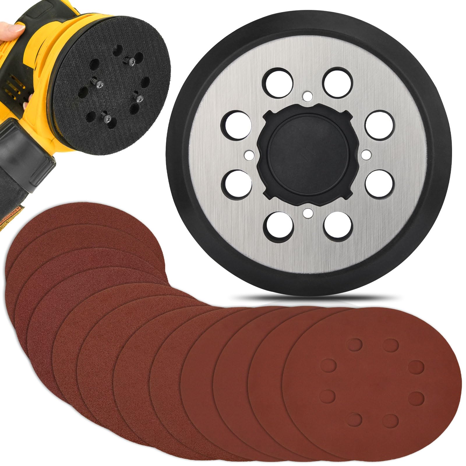 Photo 1 of 5 Inch Hook Loop Sander Metal Pad & 12 PCS Sanding Discs Compatible with DeWalt DWE6423 DWE6423K DWE6421 DWE6421K DCW210B Random Orbital Sander & Sanding Discs 100 150 180 240 320 400 Grits