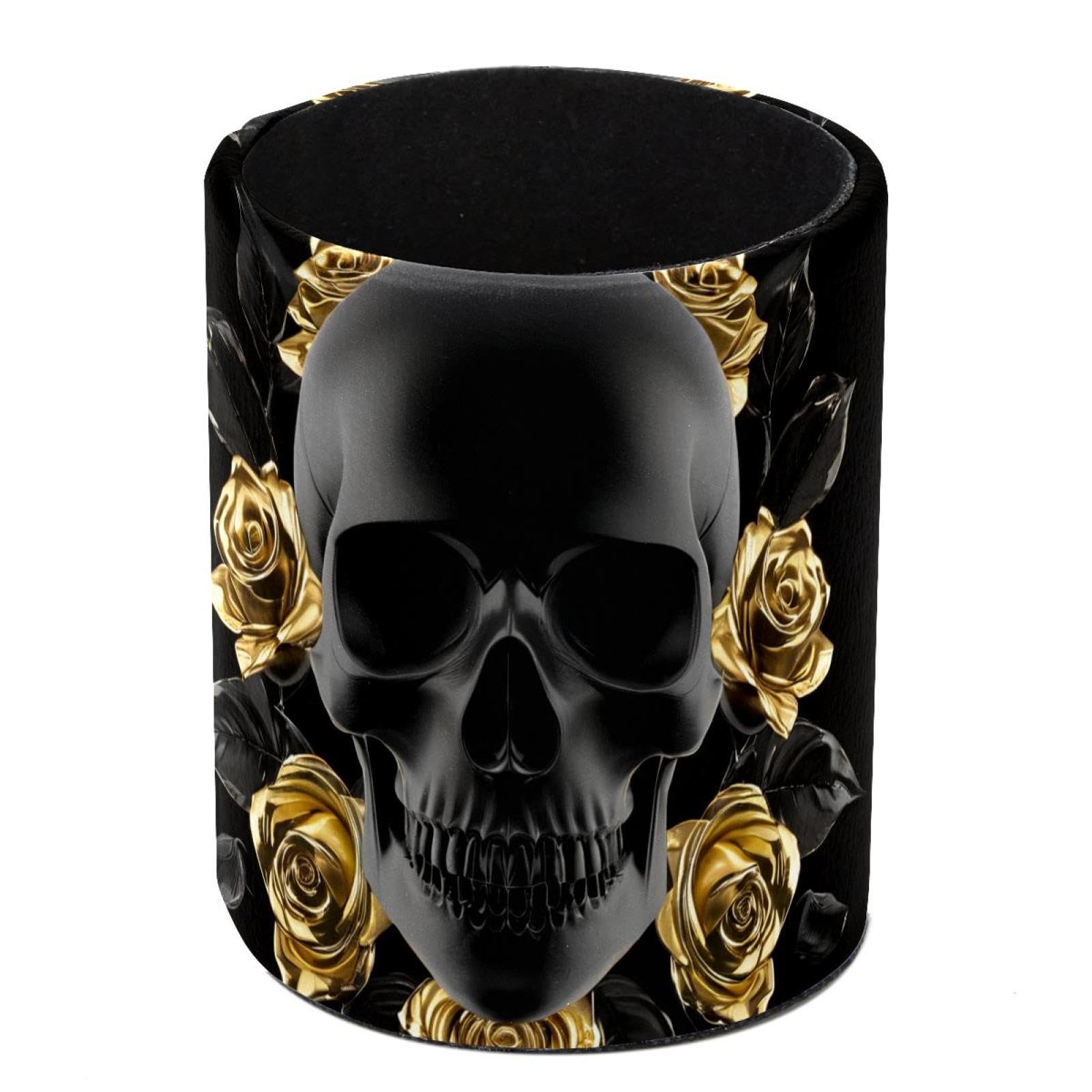 HEOEH Skull Golden Rose Pen Holder for Desk, PU Leather Pencil Holder Pen Cup Marker Holder Makeup Brush Holders, Desk Accessories & Workspace Organizers for Home, Office