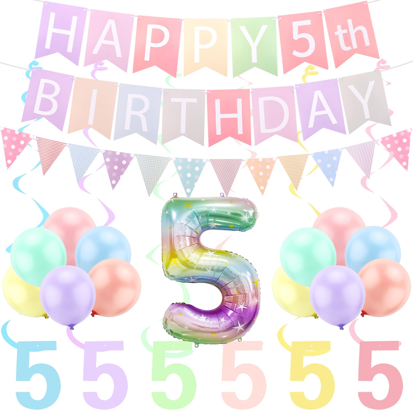 Photo 1 of FASOTY 5th Birthday Decorations Girl 40 Inch Rainbow Gradient Number 5 Balloon Pre Strung Happy 5th Birthday Banner Fringle Flag