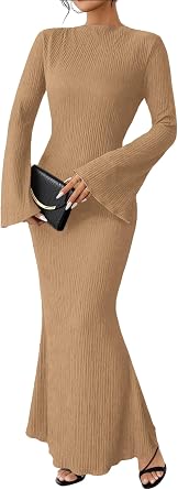 Ammiko Womens Fall Fashion 2025 Long Sleeve Maxi Dresses Solid Color Boho Dress Boat Neck Flare Sleeve Bodycon Dress