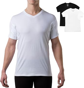 Mens Sweatproof Undershirt | Cotton V Neck | Original Fit | with Sweat Pads | White and Black Bundle | Large