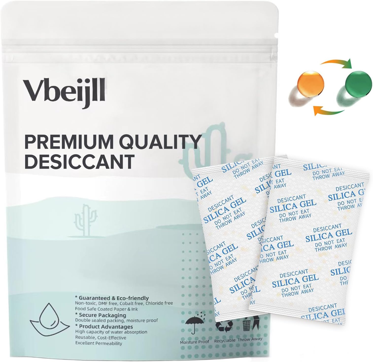 5 Gram (50 Pack) Color-Indicating Silica Gel Packets, Premium Food Grade Desiccant - Rechargeable Moisture Absorbers for Food Storage, Electronics, 3D Filament & Safes