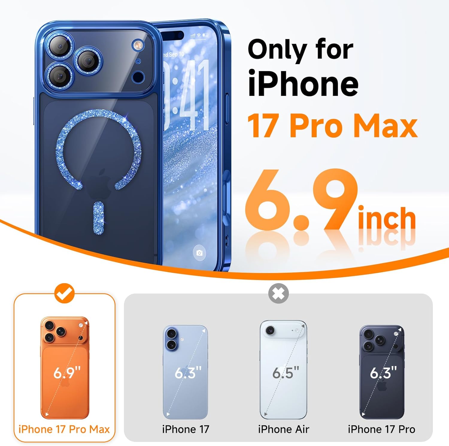 Magnetic for iPhone 17 Pro Max Case with Glitter Integrated Lens Protection, [Glossy Bumper & Shiny Magnetic Ring] [Compatible with Magsafe] Cute Women Girly Phone Case for iPhone 17 Pro Max Blue - Image 7
