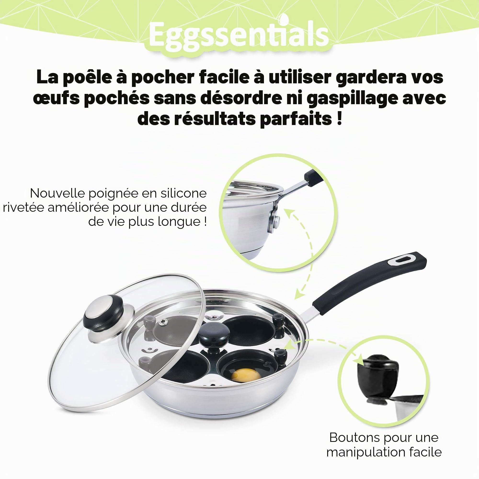 Eggssentials oeufs pochés - 4 tasses antiadhésives pour pocher les œufs - poêle à œufs en acier inoxydable certifiée FDA et qualité alimentaire PFOA avec spatule gratuite