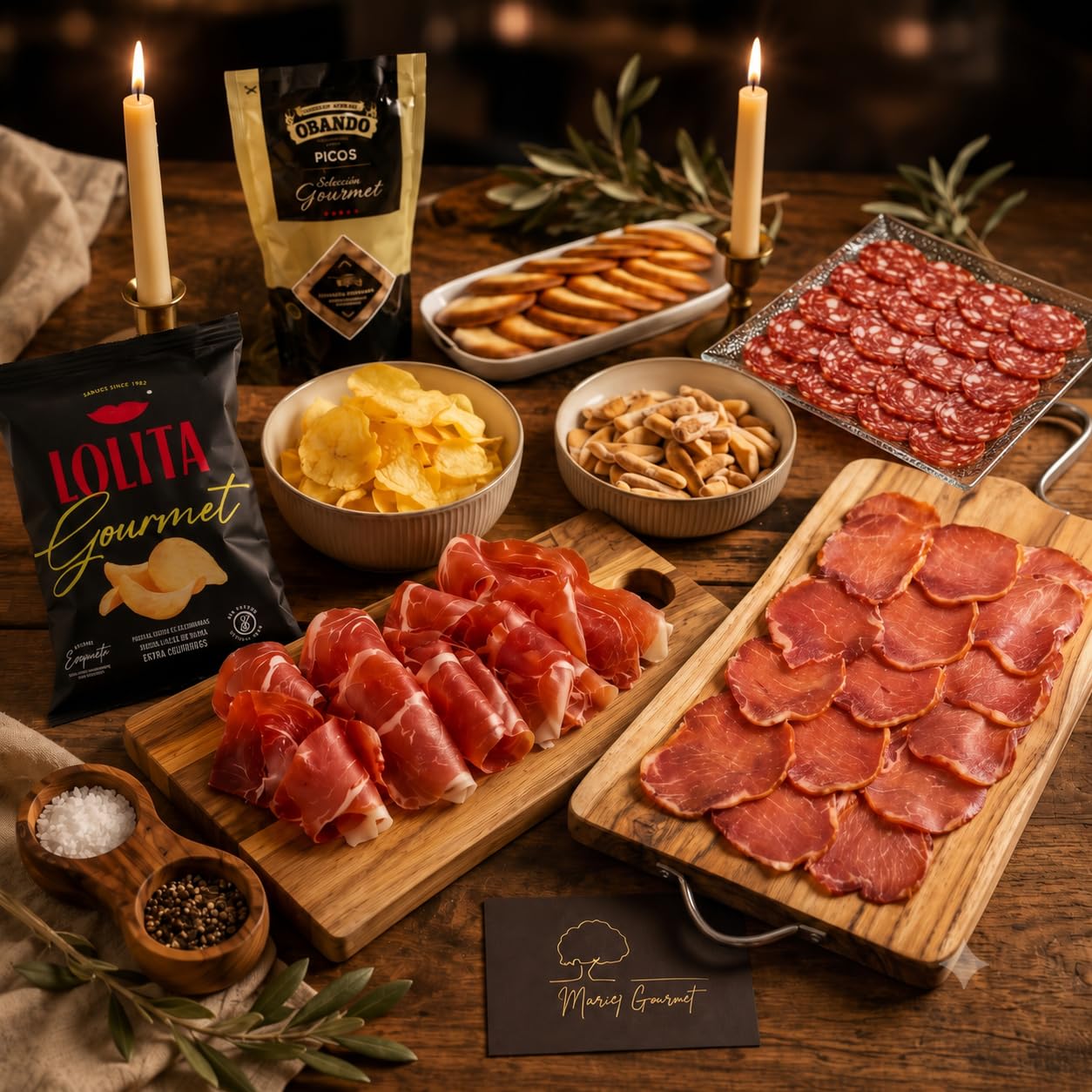 MARIA GOURMET - Panier Gourmand a Offrir Coffret Gourmand Charcuterie Espagnole Gourmet – Jambon de Teruel AOP - Lomo Duroc - Saucisson Longaniza d’Aragon - Tuiles à la noix de coco et chips - Box1