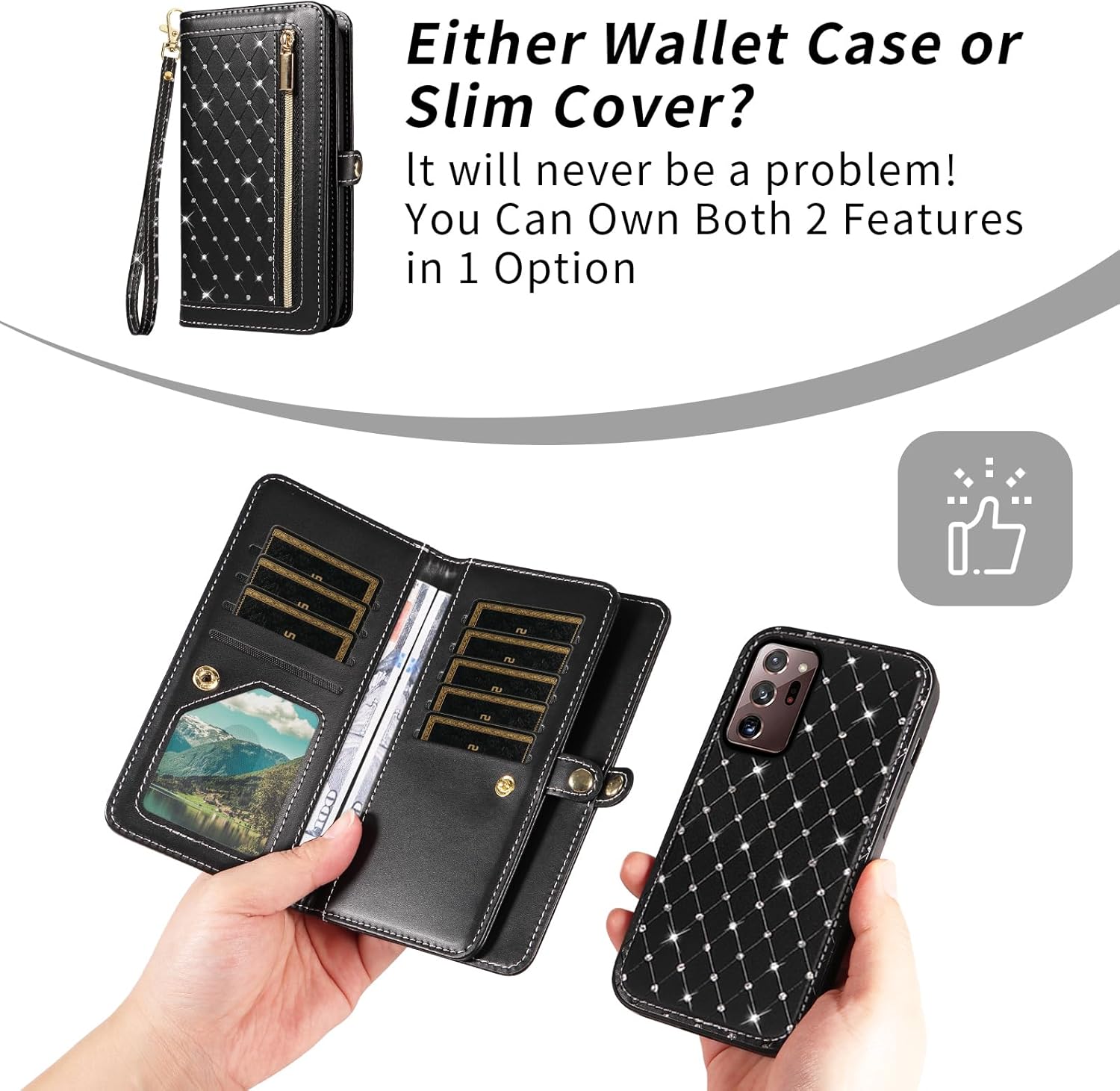 Phone Case for Samsung Galaxy Note 20 Ultra 5G Zipper Wallet Detachable Cell Cover with Screen Protector Crossbody Strap Bling Flip Credit Card Holder Note20 Plus Notes 20Ultra Note20+ U + Women Black