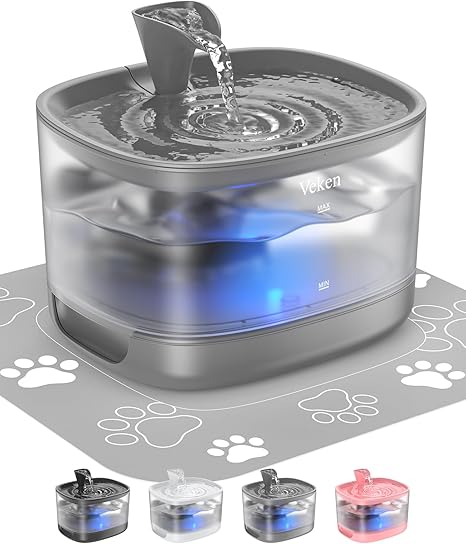 Veken Cat Water Fountain with Detachable Tank, Easy to Clean & Assemble, 84oz/2.5L Automatic Pet Drinking Dispenser with Quiet Operation & LED Light for Cats, Dogs and Small Pets, Grey