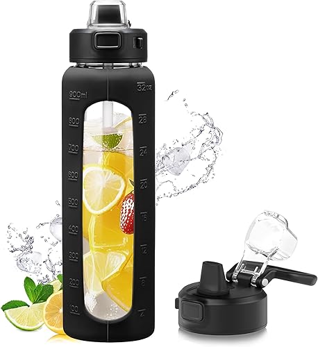 Kodrine Botella de Agua de Vidrio de 32 oz con Pajita y Asa de Transporte, Tapa de Cierre Hermético de Un Toque a Prueba de Fugas, Botella