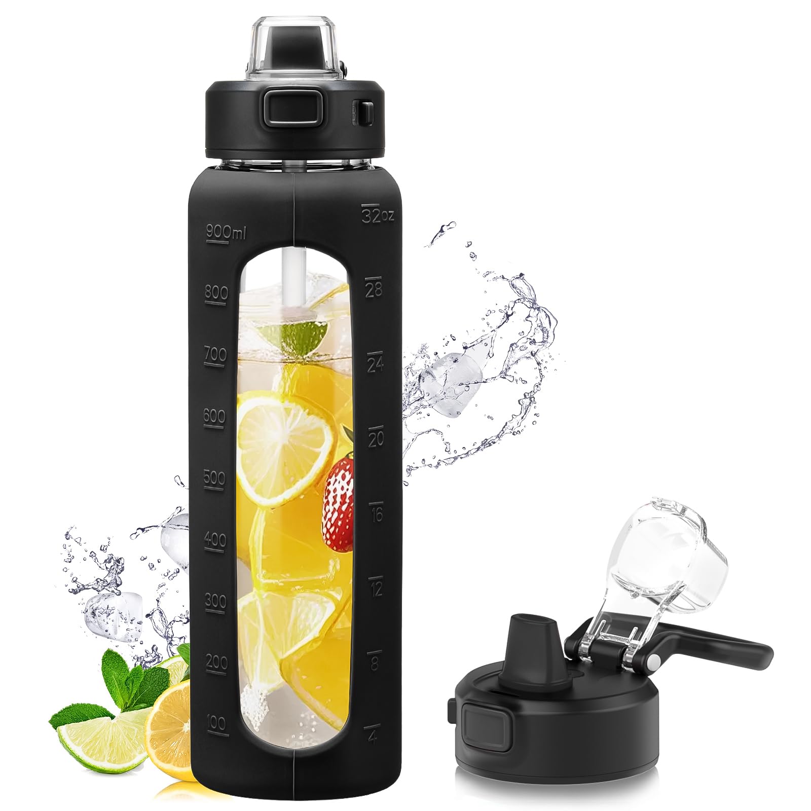Kodrine Wasserflasche, 32oz Glas Wasserflasche mit Strohhalm, Flasche mit Verriegelungsdeckel Auslaufsicher, Sport Wasserkrug, Trinkflaschen für Fitnessstudio Reisen Zuhause, Schwarz
