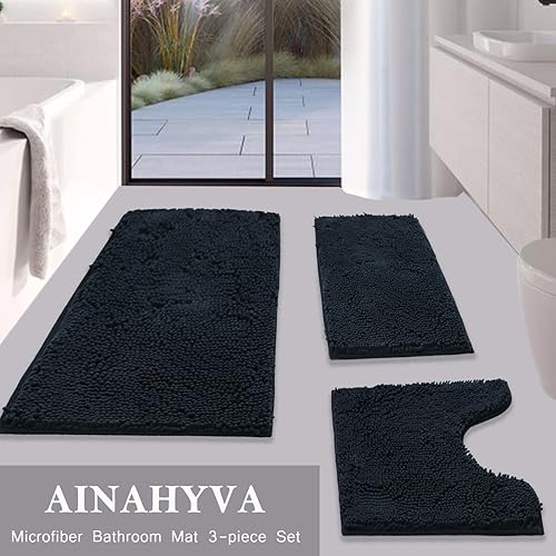 Miniatura 3 de Alfombras de Baño Tapete de Baño de Chenilla Juego de 3 Piezas, Súper Absorbente, Respaldo Antideslizante de PVC Resistente, Tapetes de baño