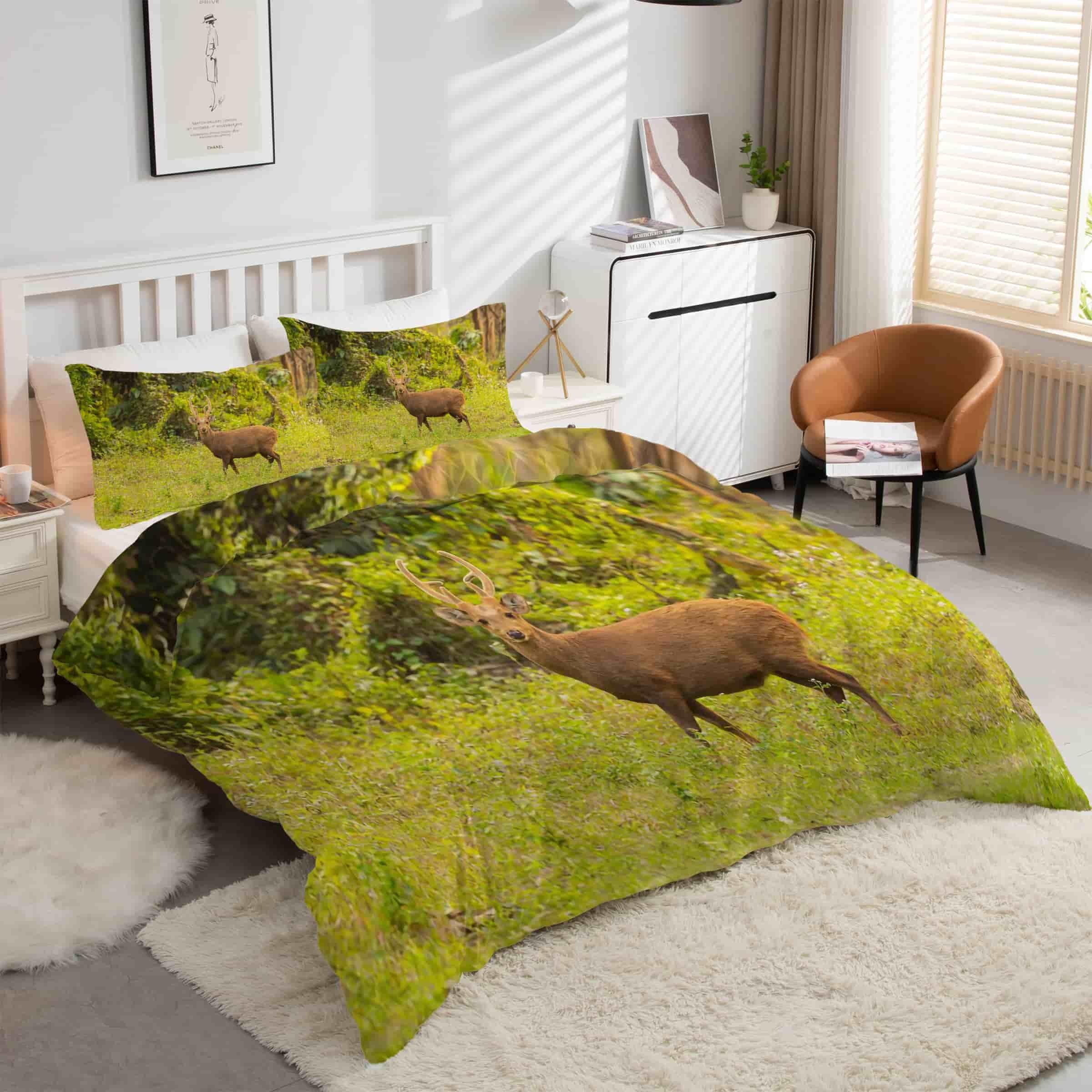 Parure de lit 90x190 cerf avec housse de couette en microfibre et 2 taies d'oreiller