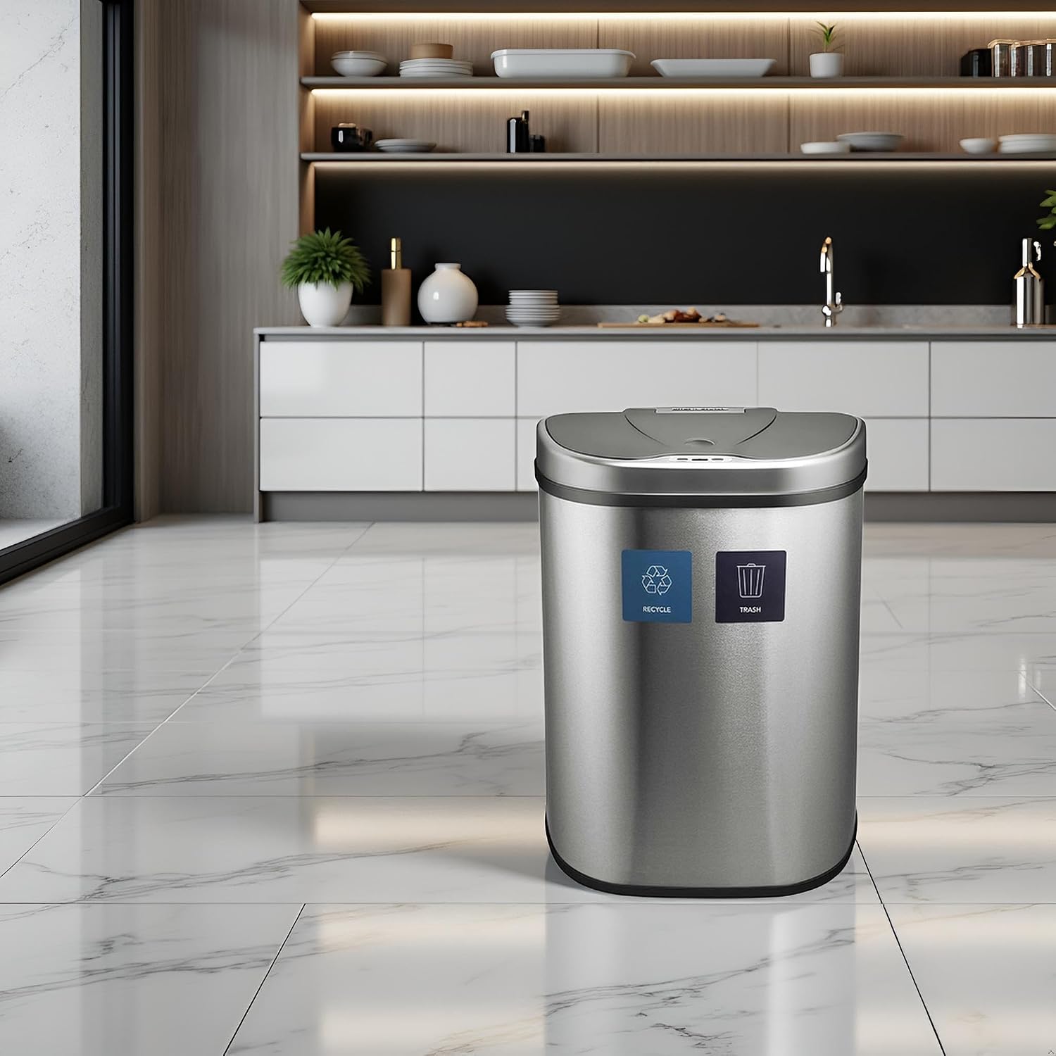Large Stainless Steel Smart Waste Bin | Touchless Auto-Opening Lid | Fingerprint-Resistant Finish | Quiet Soft-Close Mechanism for Kitchen & Home Use (DZT-70-R3)
