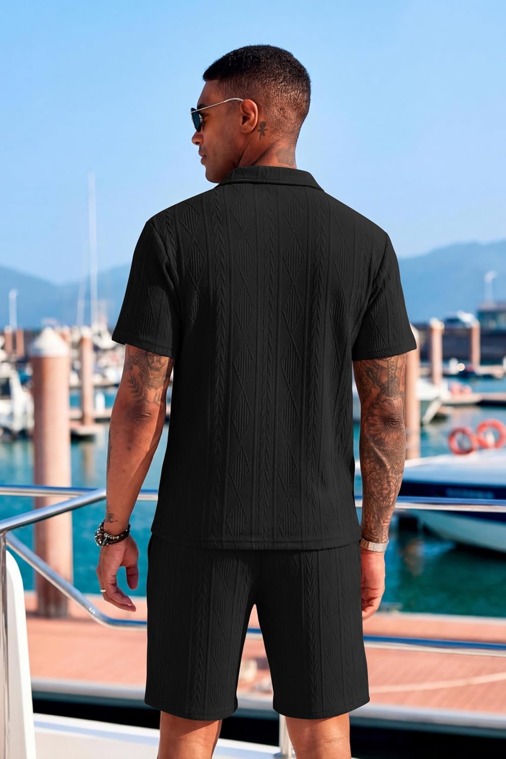 COOFANDY Men's 2 Piece Set Summer Beach Vacation Outfits Quarter Zip Polo Shirt and Shorts Sets