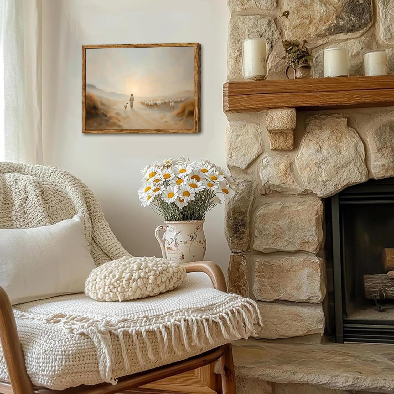 Framed Jesus Leaves the 99 Sheep Wall Art, Christian Wall Decor Paintings, Jesus and The Lost Lamb Pictures Canvas Prints Religious Home Decor for Living Room Bedroom Church Prayer 16x24 inch