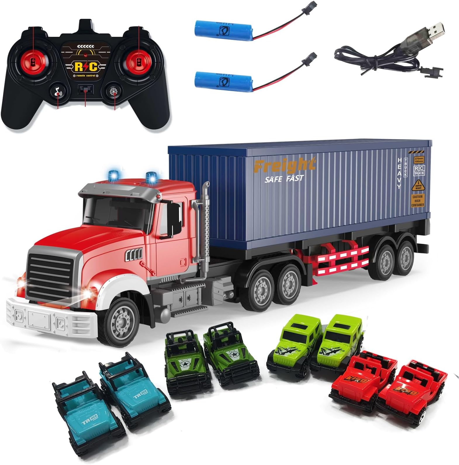 RC Container Transporter Truck, 10WD ABS & Metal Transport Vehicle,Remote Control Large Transportable Carriages with 8 Trolleys,transporter lorry toy with Lights and Sounds Gifts
