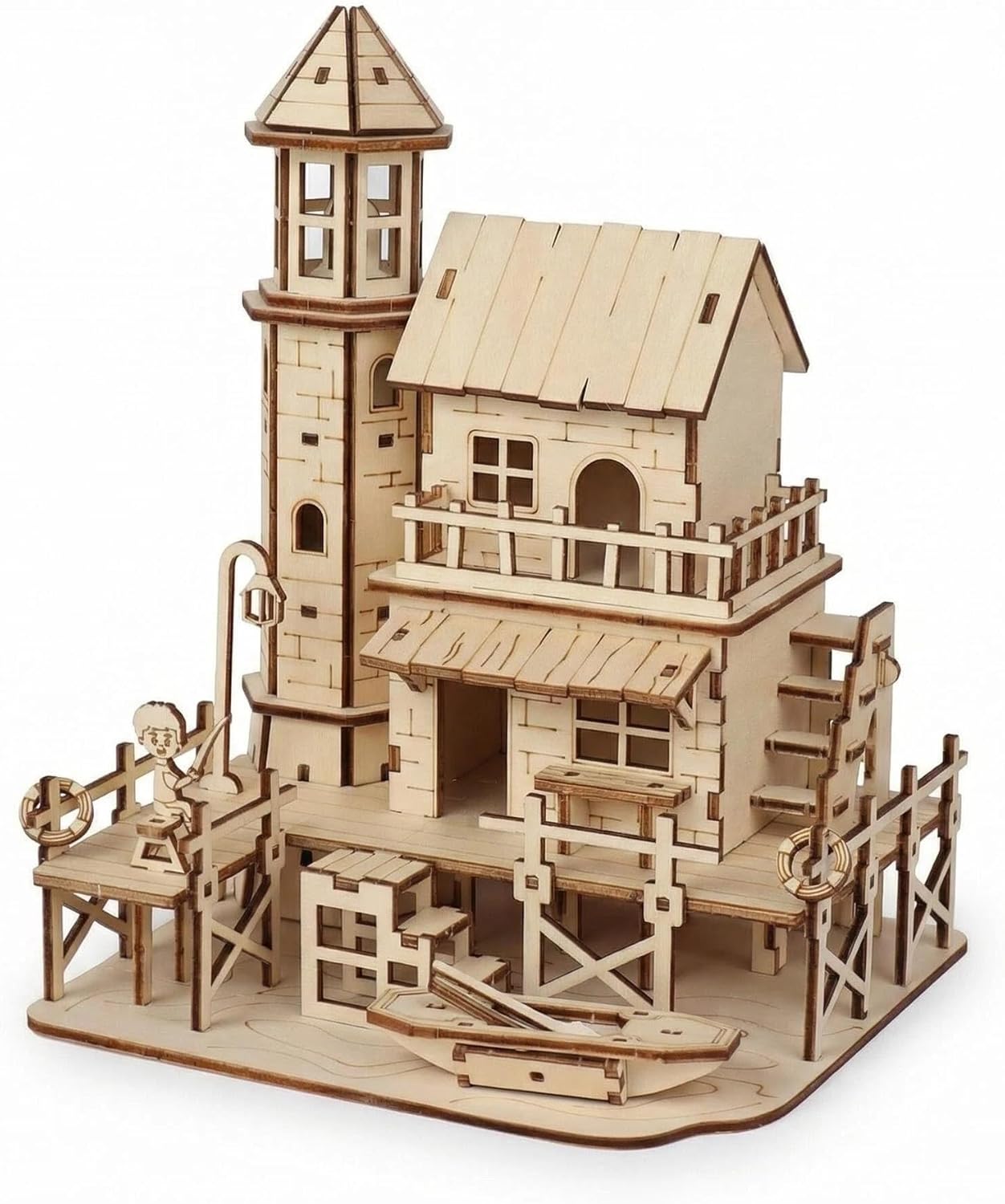 3D Wooden Puzzle for Adults - Lighthouse & Fisherman's Cottage Model Kit DIY Laser Cut Assembly Craft with Boat & Figure - No Glue Required - Unique Brain Teaser & Home Decor Gift
