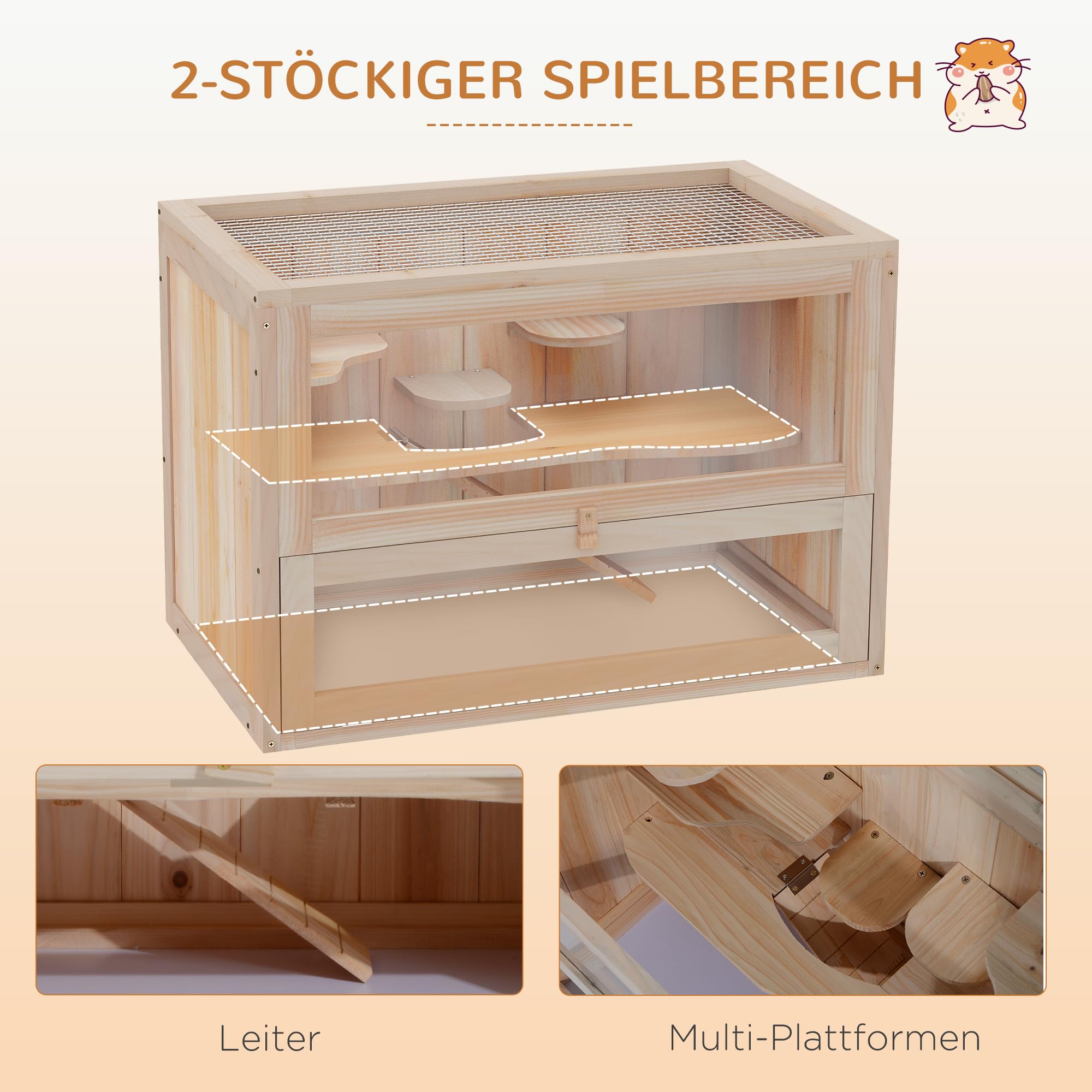 PawHut Hamsterkäfig aus Holz 2 Etagen 60 x 35 x 42 cm Nagerkäfig Kleintierkäfig mit aufklappbarem Gitterdach Trinkflasche Rampe Wippe Fütterungsstation Mäusekäfig für Zwerghamster Naturholz