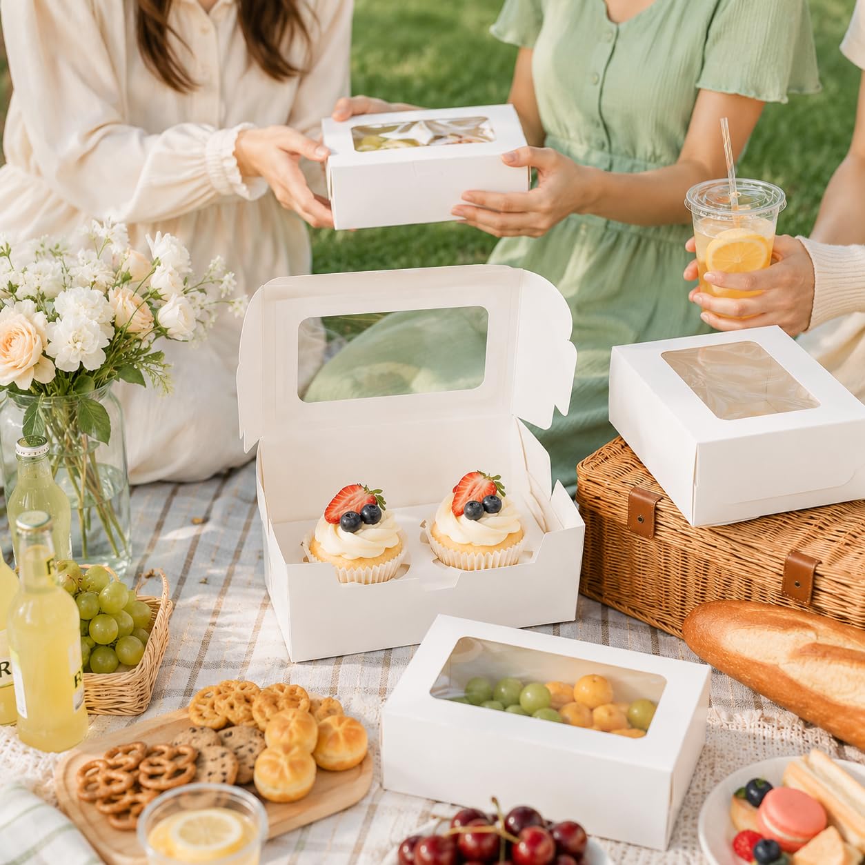 Pralb Paquete de 50 cajas de papel blanco para cupcakes con ventana de PVC y dos soportes para golosinas, caja de repostería y galletas, recipientes para cupcakes, caja de pasteles de panadería, caja