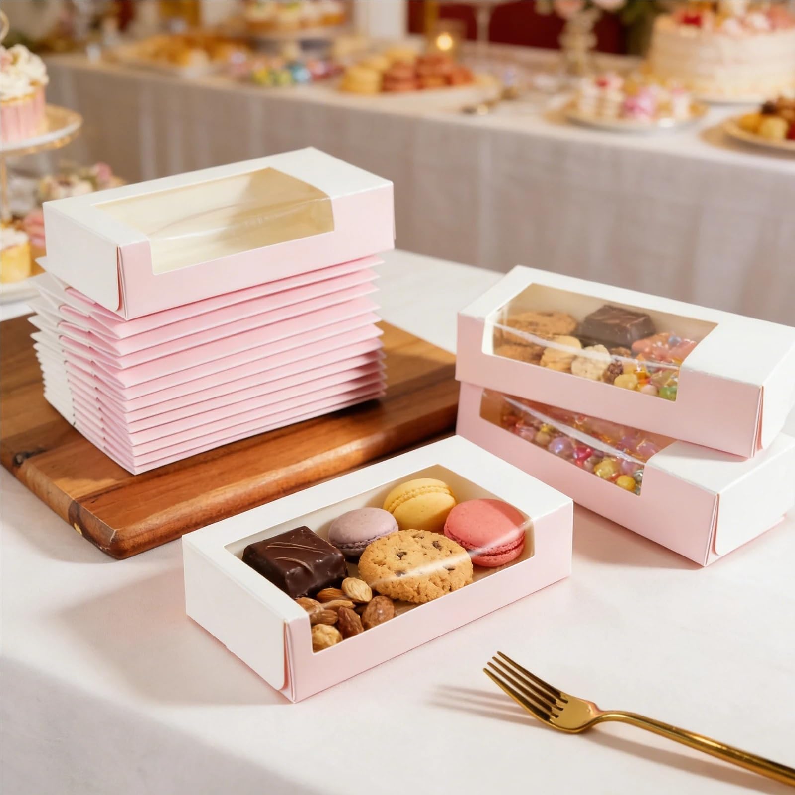 Caja Para Galletas Con Ventana Cajas de embalaje papel rosa con ventana transparente, cajas plegables for hornear dulces y macarrones, for bodas, fiestas cumpleaños(30pcs pink)