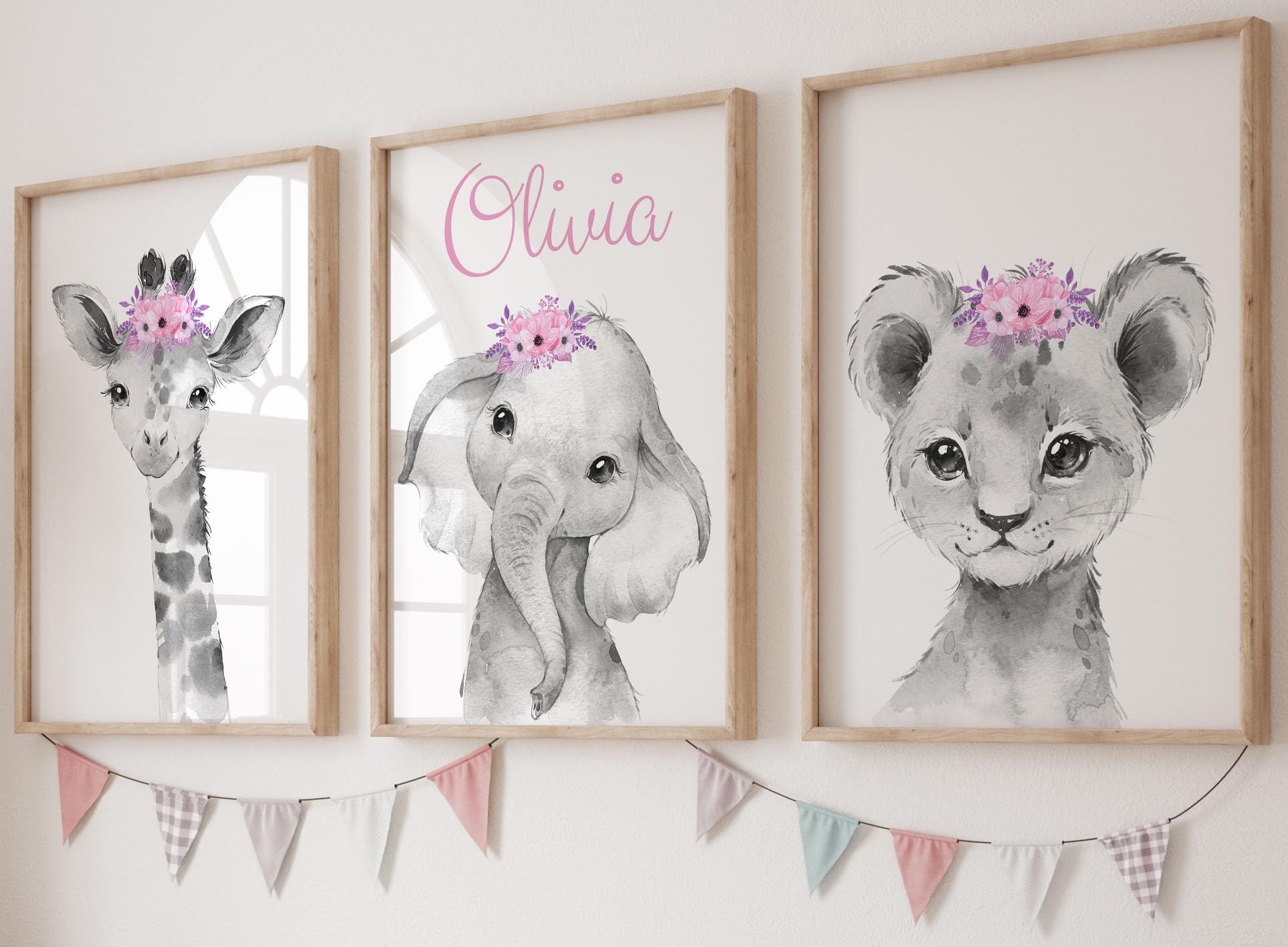 Safari Animals Baby Girls Nursery Bedroom Prints, Unframed Set of 3 with Personalised Name, Nursery Wall Art Decor Gift Present in Grey Pink, Giraffe Elephant Lion (A5)