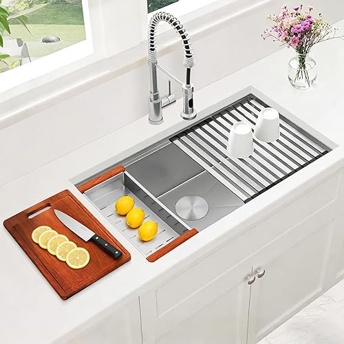 Miniatura 102 de Fregadero de cocina negro de 33 pulgadas, fregadero de acero inoxidable calibre 16, fregadero de estación de trabajo de un solo tazón con reborde