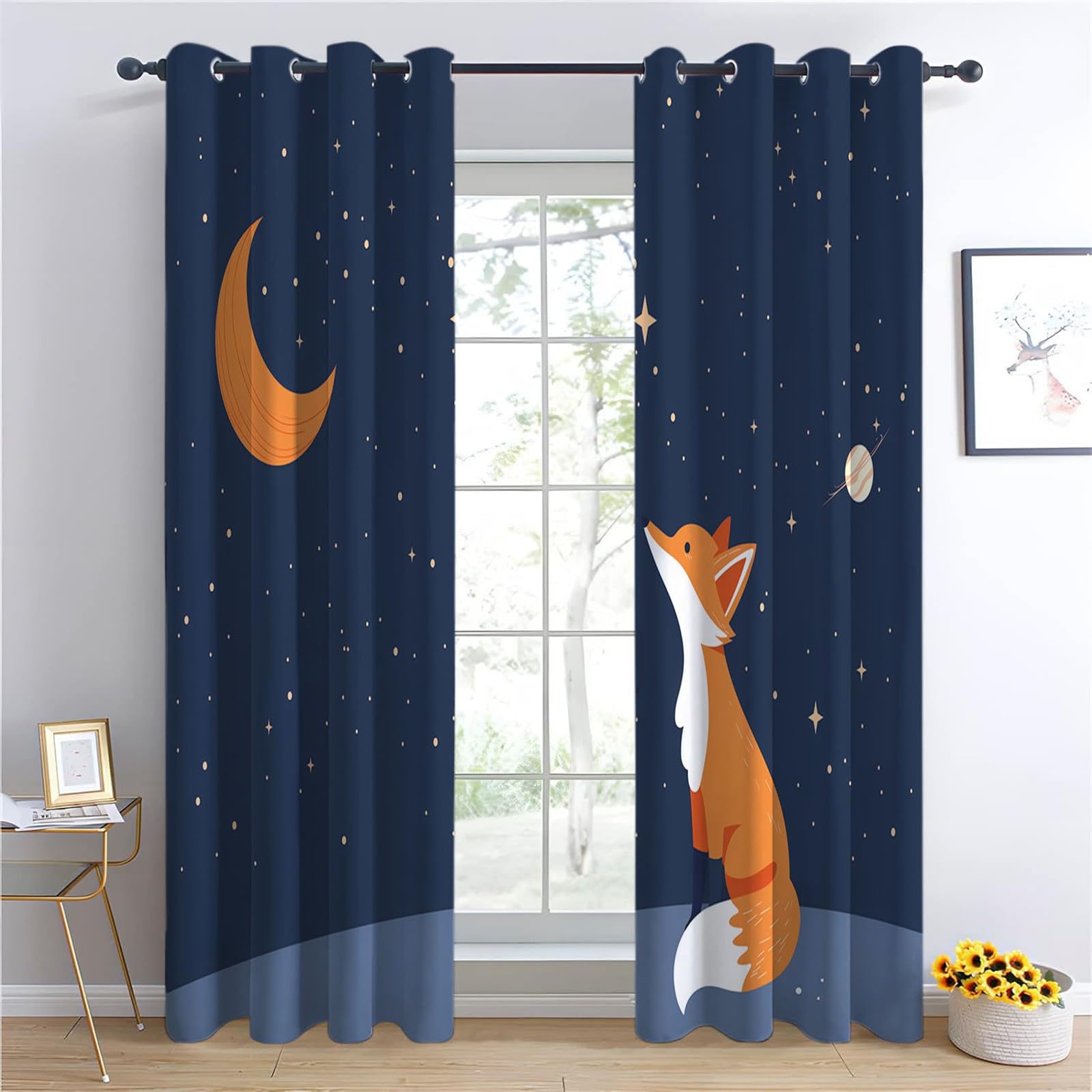 Blackout Vorhänge H166 x B150 cm Verdunkelung Vorhang mit Ösen, Cartoon Tier Fuchs Sterne Vorhang Dunkelblau Weich Polyester Vorhänge für Wohnzimmer Schlafzimmer und Kinderzimmer Dekorieren