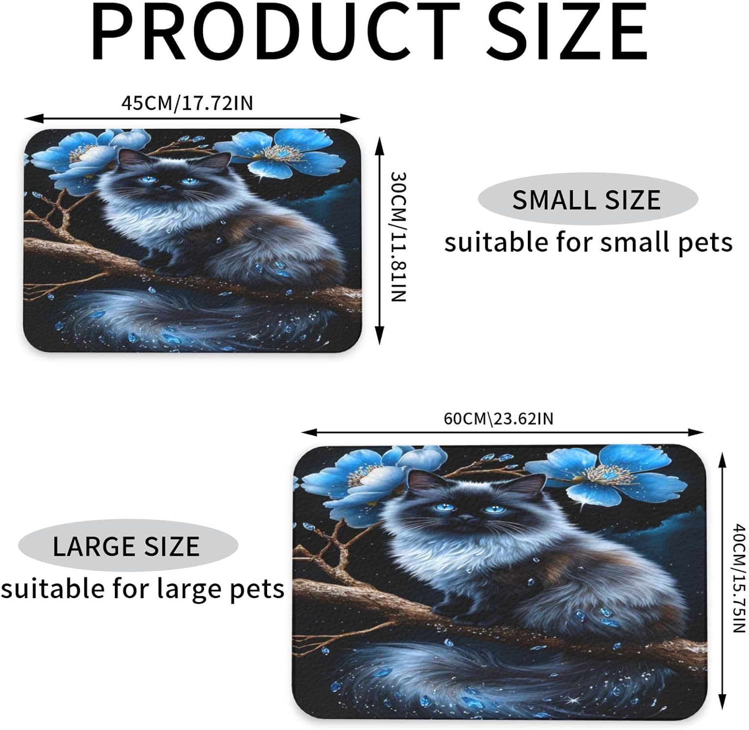 Blue Flower Cat Pet Food Mat Dog Non-Slip Feeding Mat Cat Bowl Mats Pets Placemat for Food and Water 40x60cm