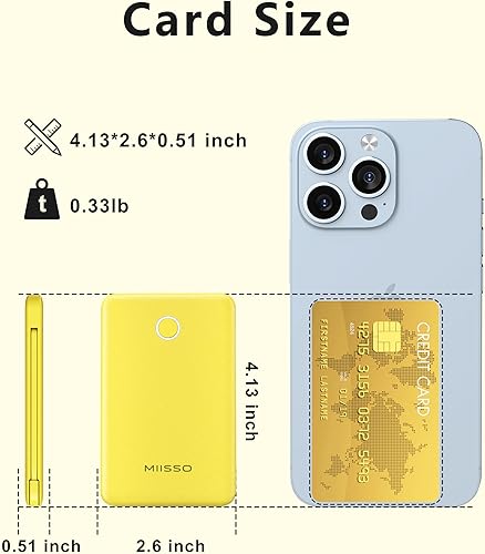 Miniatura 2 de Batería externa ultra delgada de 6000 mAh, tamaño de tarjeta, cables USB C integrados, cargador portátil para teléfonos, batería externa de 3