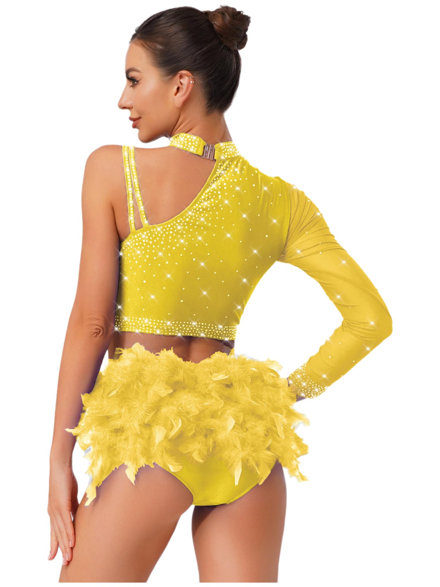 Oyolan Femme Costume Danse Moderne Jazz Robe Danse Latine Crop Top Strass Haut Une Épaule Short Tenue Patinage Gymnastique