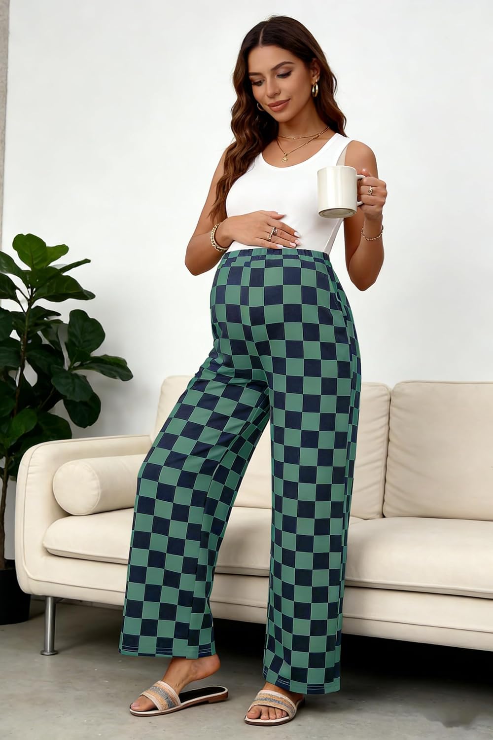 BLENCOT Womens Casual Checkered Pants for Maternity Elastic Waist Wide Leg Pants Grid Pregnant Trousers with Pockets - Image 4