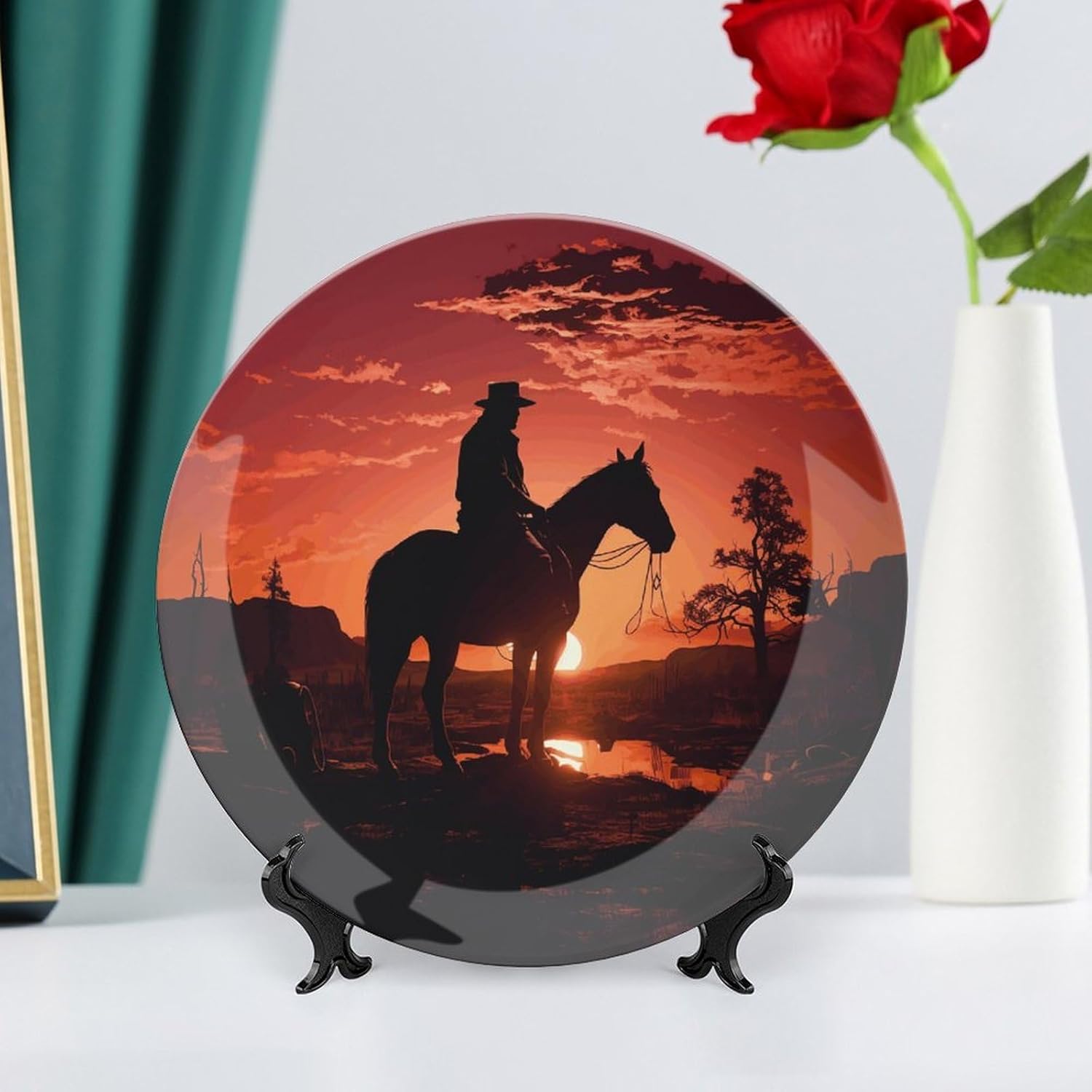 Bone China Decorative Plates Cowboy West Ceramic Decorative Plate Wall Decor with Display Stand Ceramic Ornaments for Wall Hanging Decoration