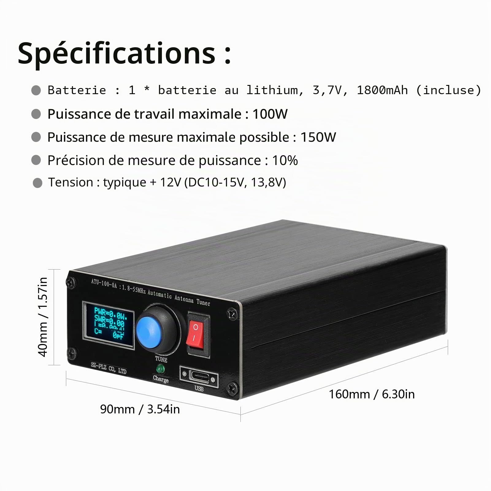 Baugger ATU-100-0A Mini tuner d'antenne automatique avec écran OLED 0,91" Boîtier extérieur en alliage d'aluminium avec batterie 1800 mAh