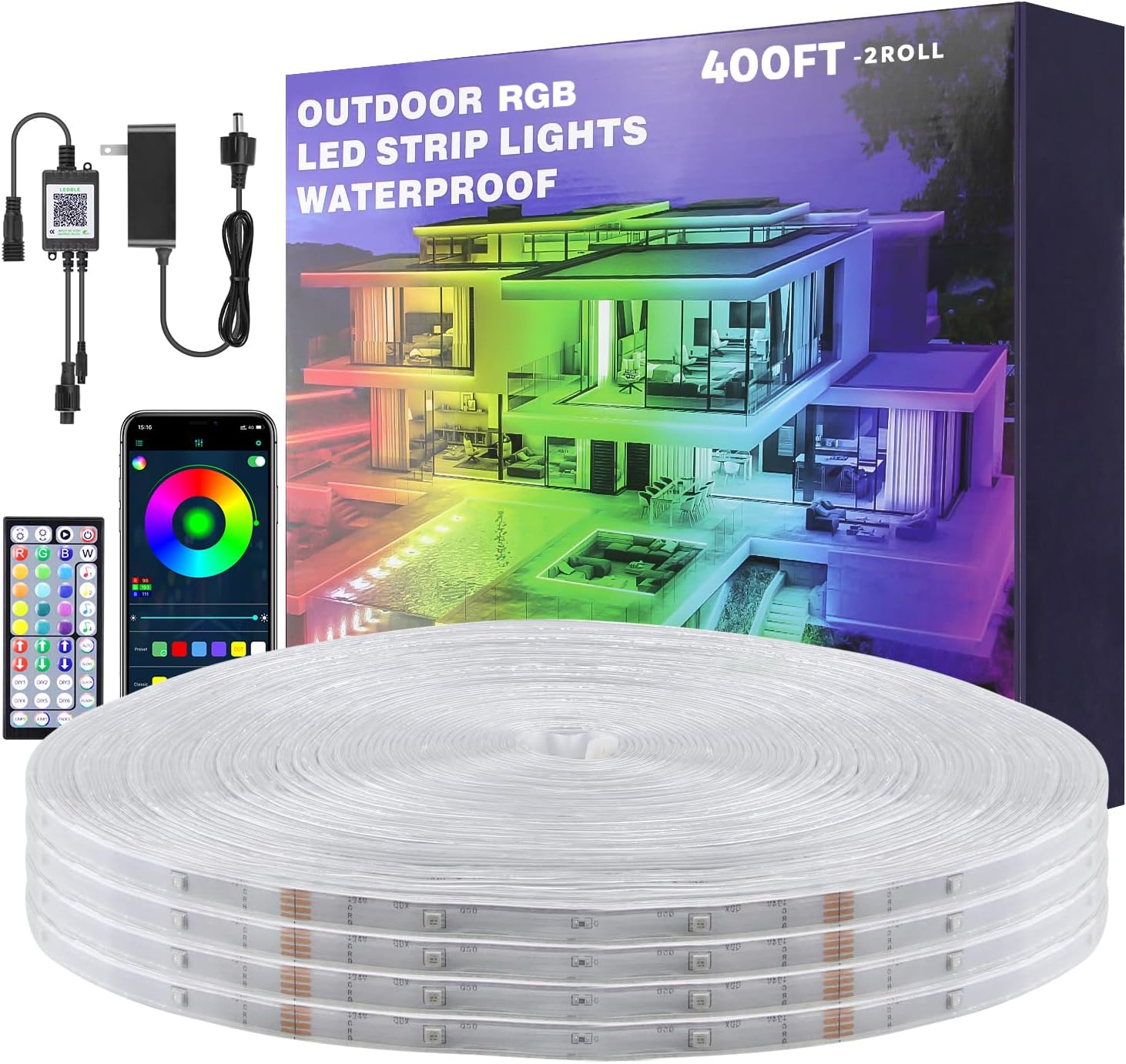 Aclorol 400FT Outdoor LED Strip Lights Waterproof 24V RGB LED Light Strip Music Sync with Remote Flexible LED Rope Light Color Changing for Deck Balcony Roof Garden Outside (120M/2 Roll)