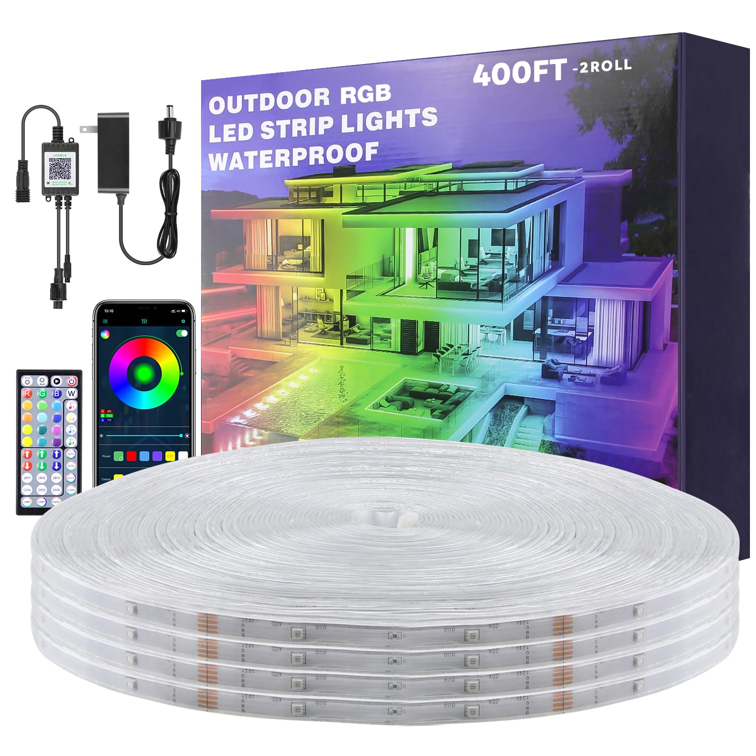 Aclorol 400FT Outdoor LED Strip Lights Waterproof 24V RGB LED Light Strip Music Sync with Remote Flexible LED Rope Light Color Changing for Deck Balcony Roof Garden Outside (120M/2 Roll)