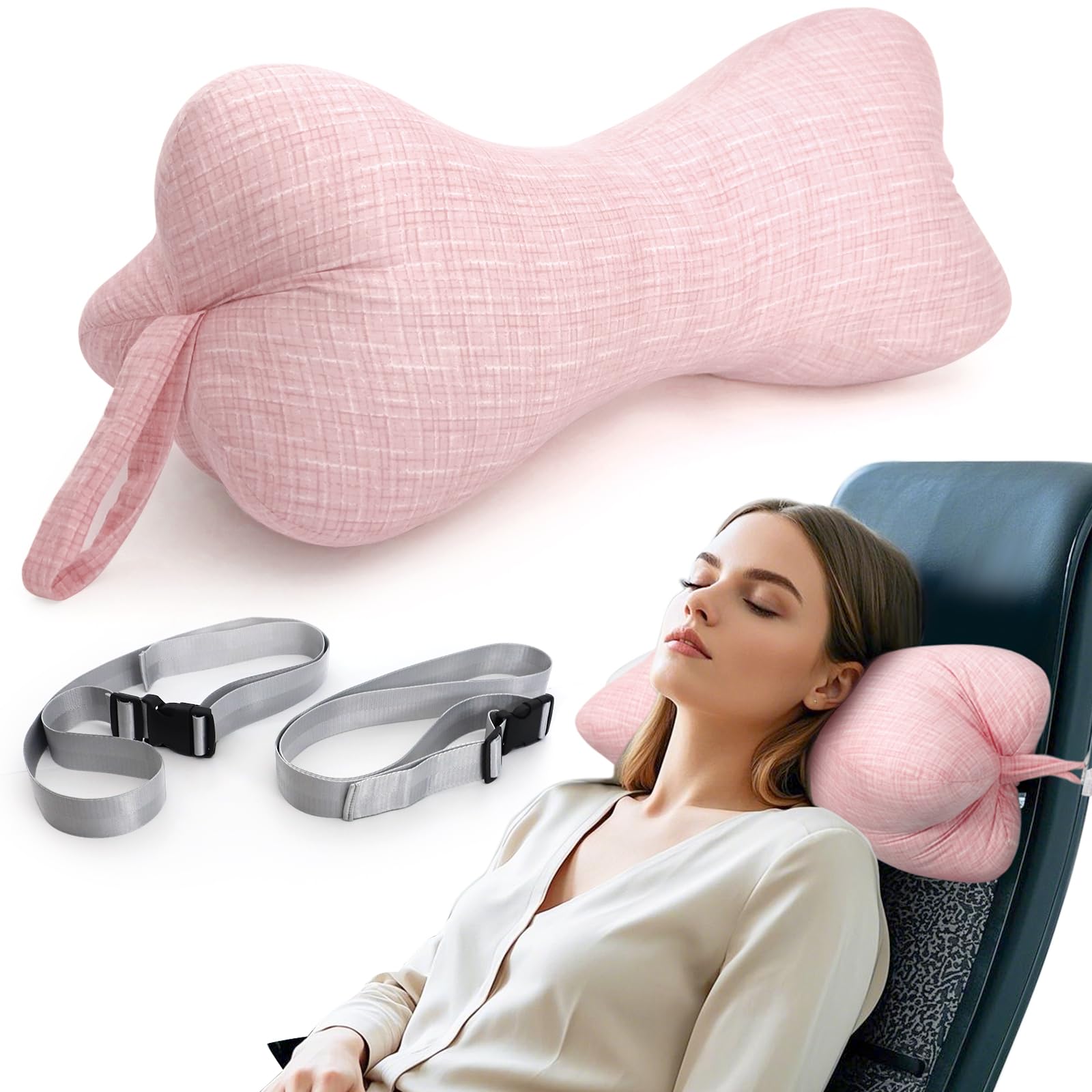 RoamReady Neck & Cervical Pillows, Dog Bone Shaped Neck Pillow with Fixed Rope & Have Loops on End, for Chiropractic Lumbar Spine, for Car Bus Truck Driving Travel Comfort Head Rest Support,Pink