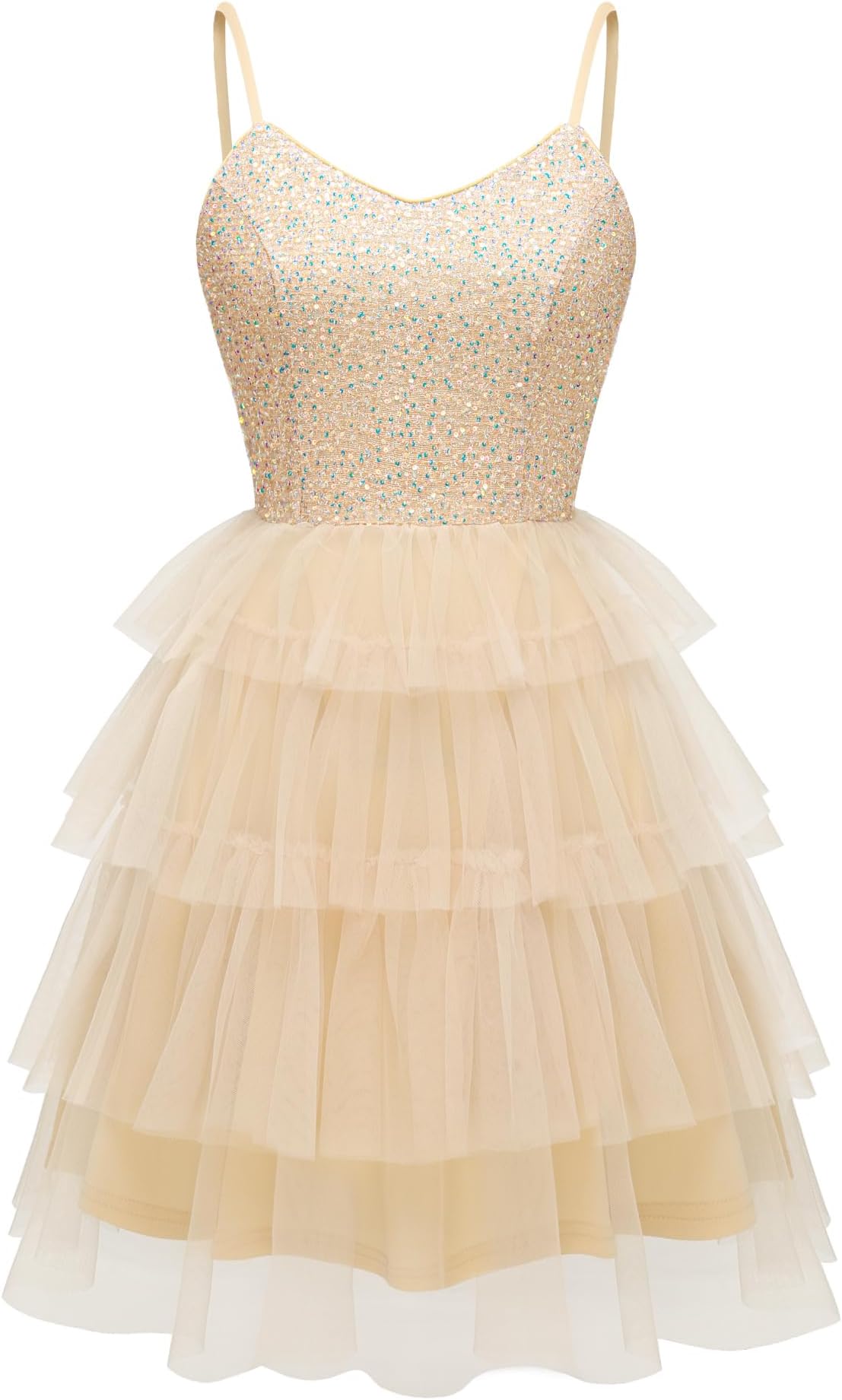 2026 Women's Tiered Sparkly Sequin Glitter Formal Prom Dress Mini Spaghetti Strap Tulle Cocktail Party Dresses