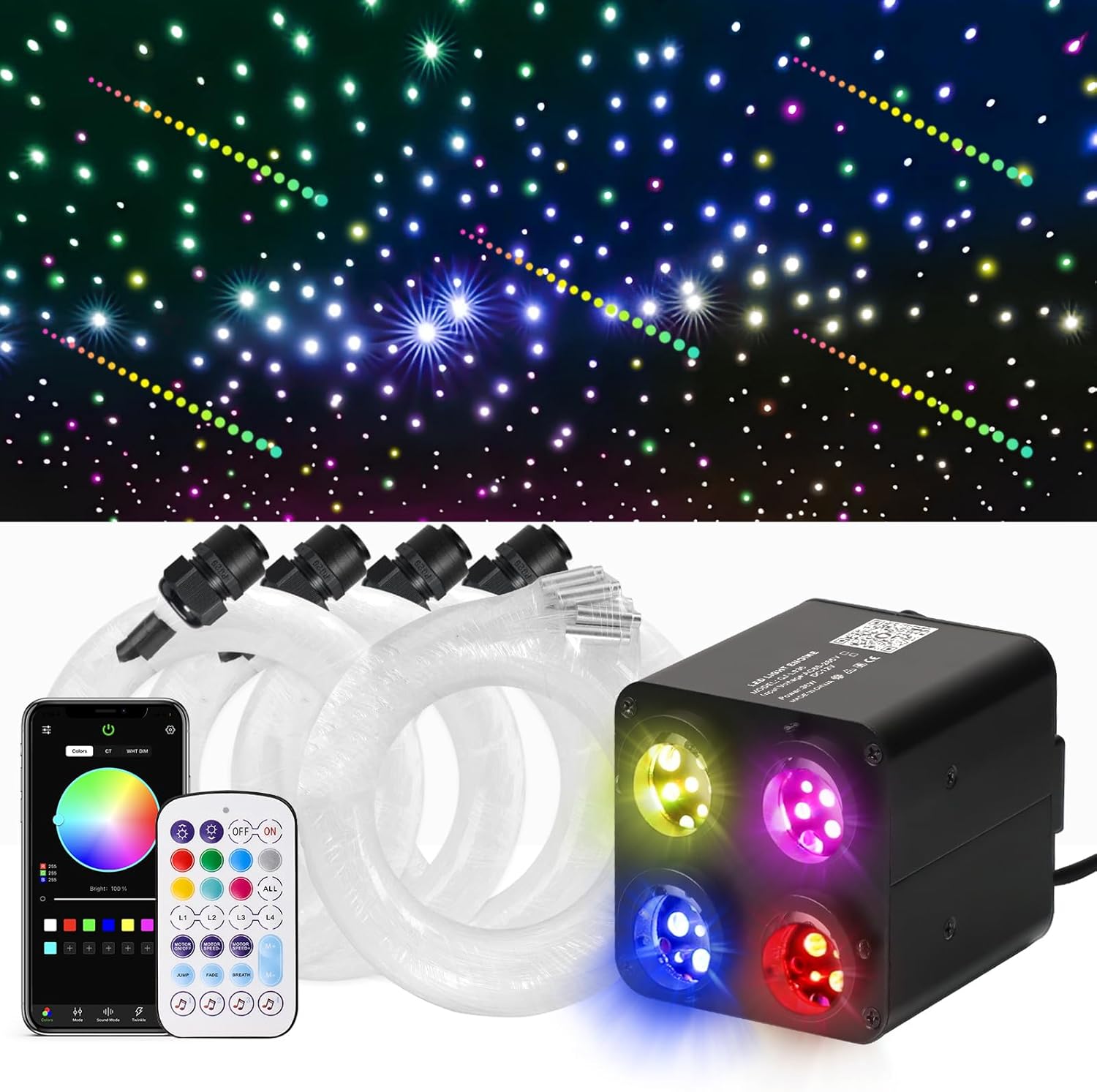 36W 4-Color RGBW Car Starlight Headliner Kit, 400pcs0.03in9.8ft, Twinkle & Sound Activate 4-Port Fiber Optic Light Engine with Bluetooth APP&Remote Control, Star Lights for Car and Home