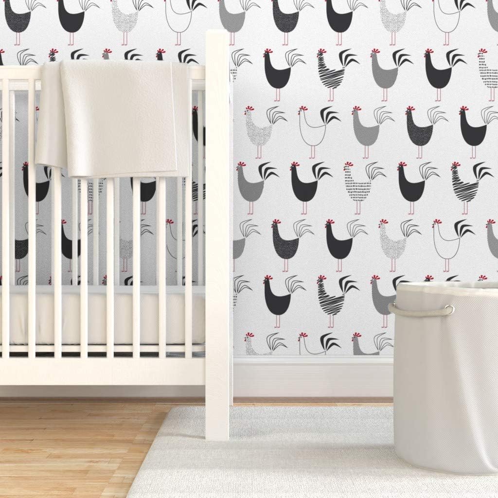 Spoonflower Peel & Stick Wallpaper 3ft x 2ft - Black White Feather Kitchen Rooster Farm Tea Chicken Farmhouse Modern Barnyard Custom Removable Wallpaper