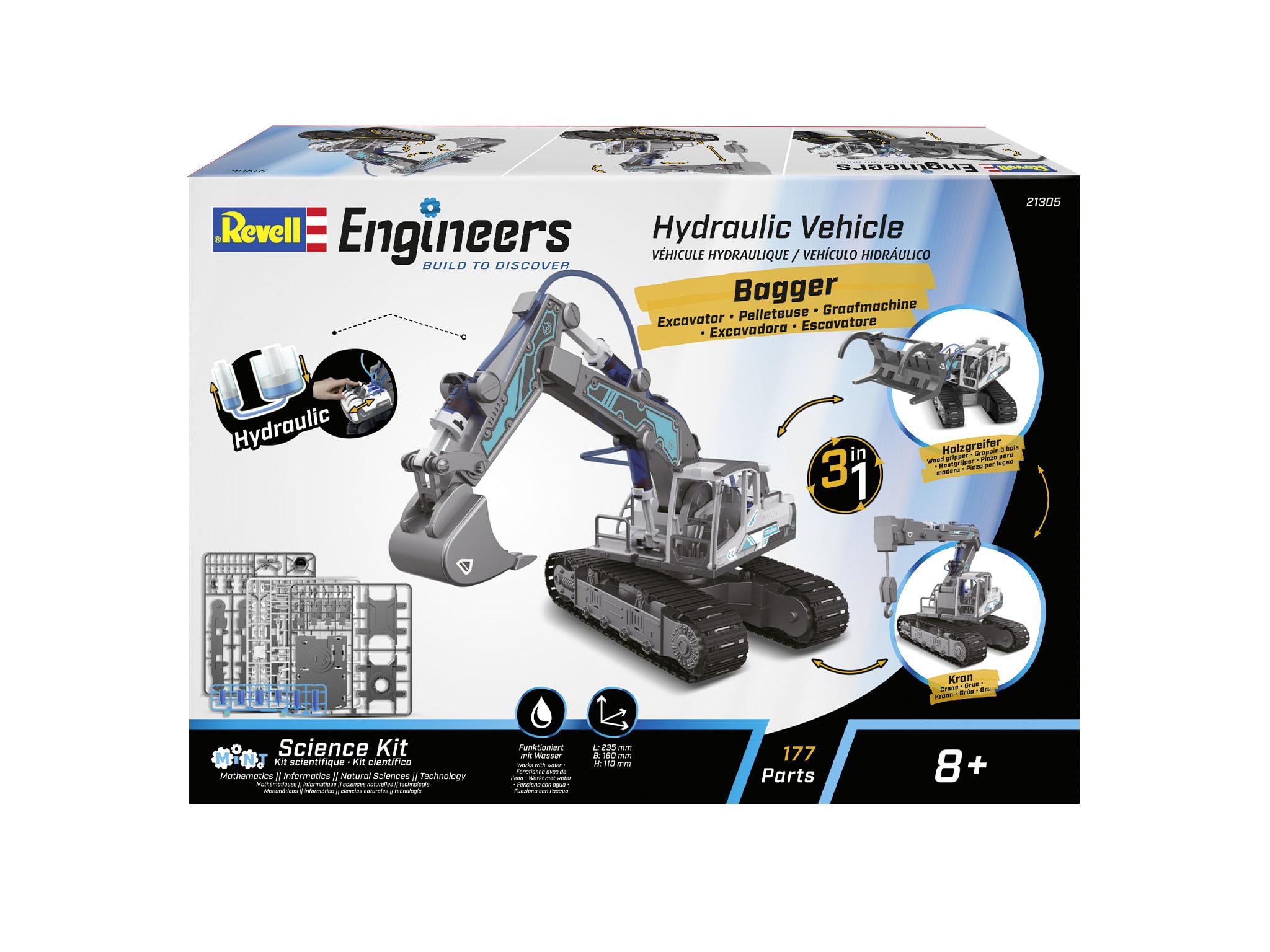 Revell Zestaw do koparki 3 w 1, koparka hydrauliczna, dźwig i ładowarka do drewna, 177 części, mechaniczny napęd łańcuchowy i funkcje hydrauliczne, łatwy montaż bez kleju, dla dzieci od 8 lat