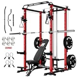 RitFit Upgraded PPC-P3 Power Cage, 3-in-1 Home Gym with Aluminum Pulley System, 1200LBS Capacity, Includes LAT Pulldown, Landmine, J-Hooks & 20+ Attachments, Fits Compact Spaces Black Red