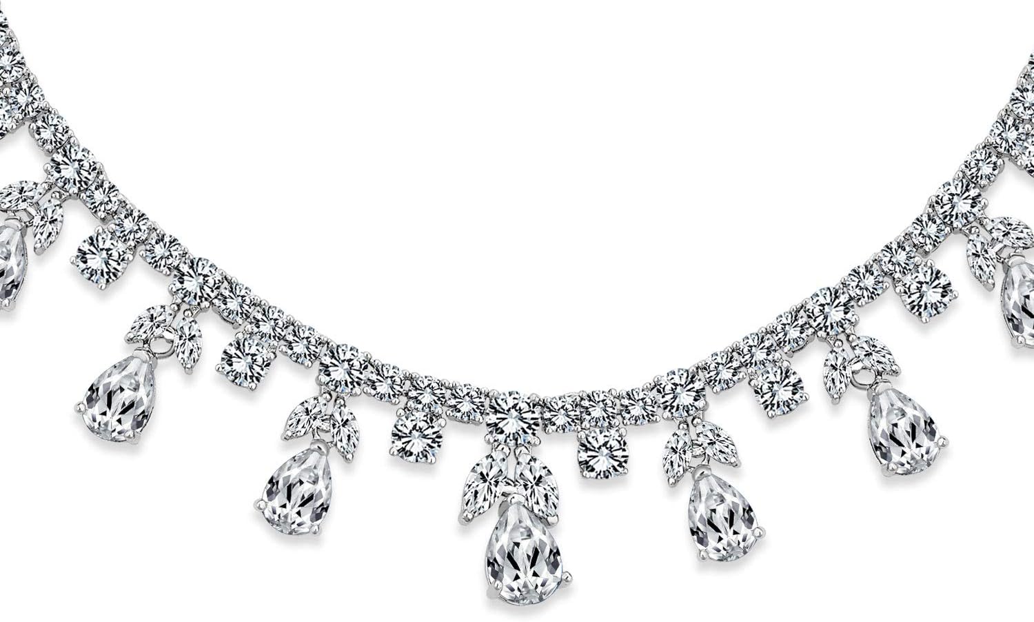Vintage Estate Art Deco Style Design Bridal Jewelry Multi Teardrop AAA CZ Statement Spray Bib Collar Necklace For Women Silver Plated
