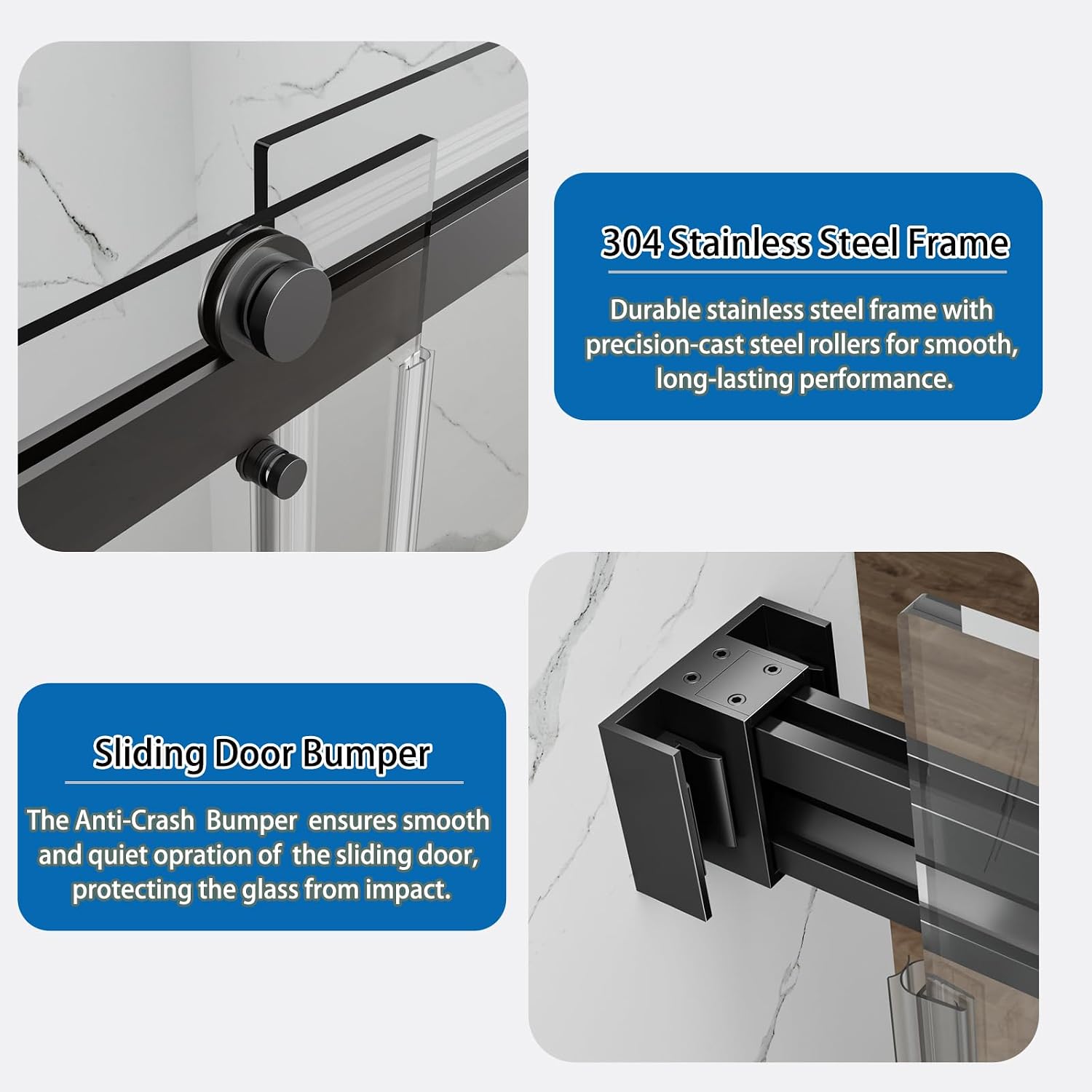 56-60" W x 76" H Double Sliding Shower Door, 5/16" (8mm) Clear Tempered Glass, Nano Coated for Easy Cleaning, Pull Handles Towel Rack, Stainless Steel Hardware, Matte Black