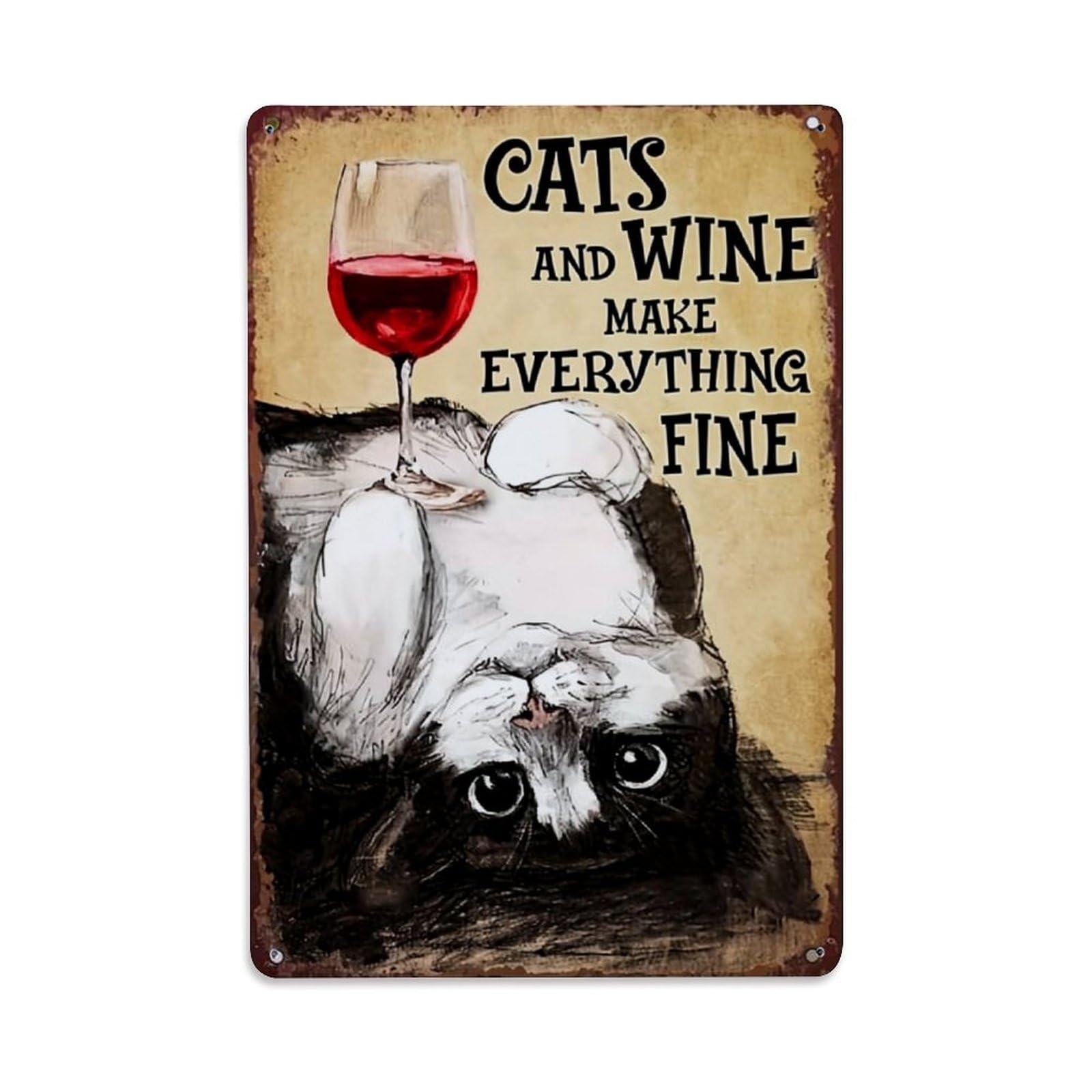 Bliveurn Vintage Cats And Wine Fine Retro Metal Tin Sign, Metal Poster For Home, Gaming Room, Studio Workshop,Bar,Garage Wall Art Decor 8X12 Inch