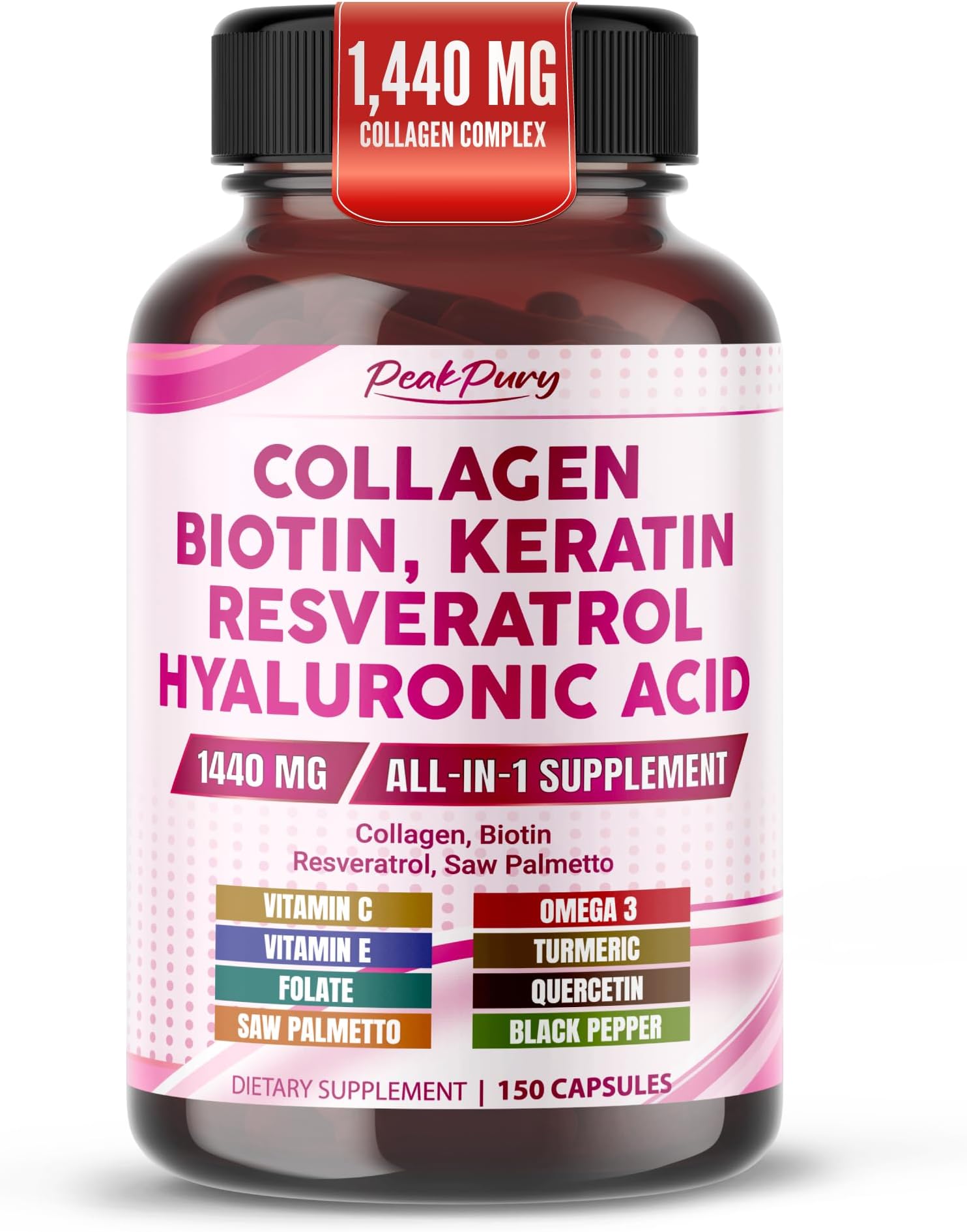Collagen 1440mg with Biotin, Keratin & Resveratrol for Hair & Skin, 150 Ct